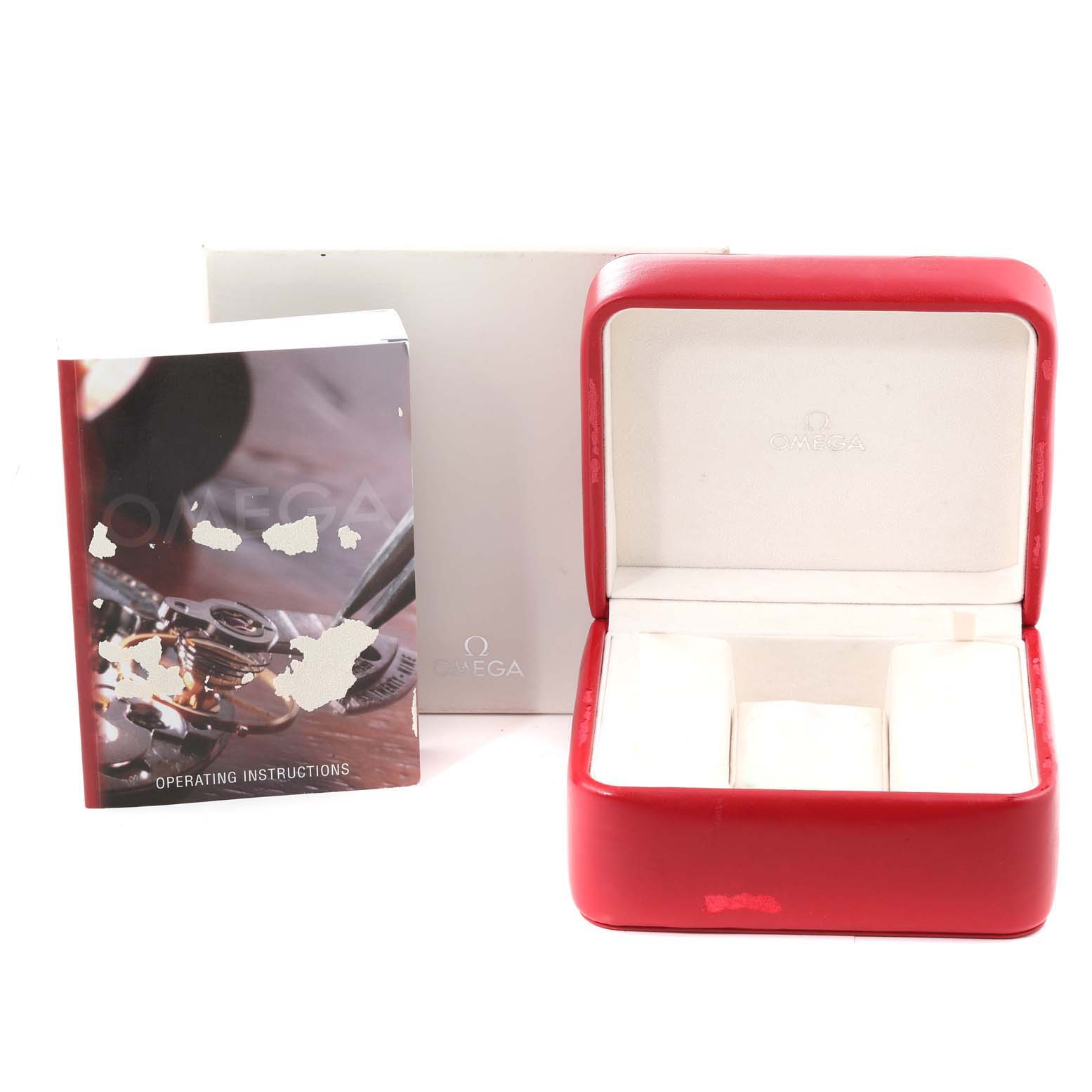 The image shows the packaging, an open red case, and operating instructions for the Omega Planet Ocean 232.30.42.21.01.002 Men's Stainless Steel Black Dial 232.30.42.21.01.002 Men's Stainless Steel Black Dial model.