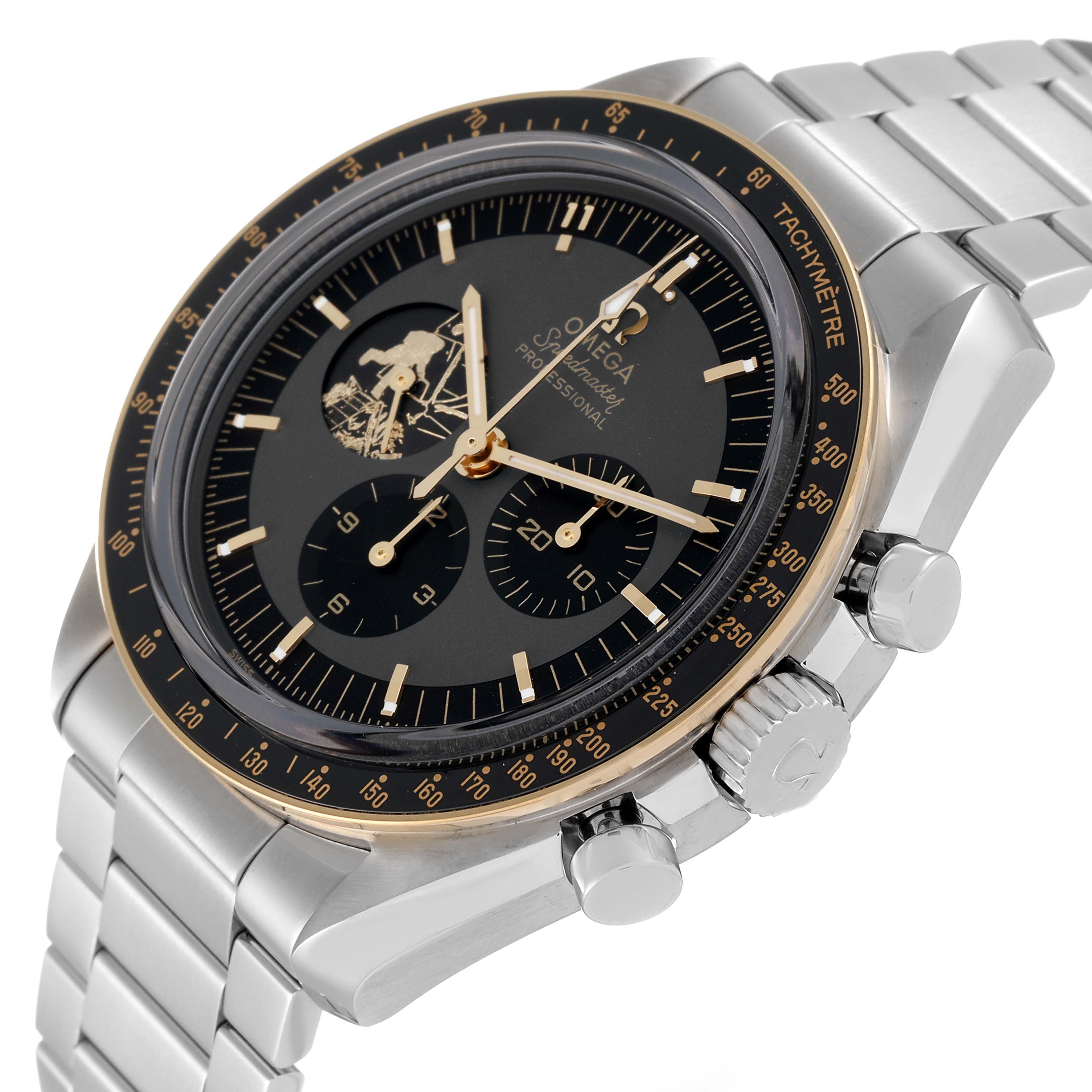 The Omega Speedmaster 310.20.42.50.01.001 Men's Steel and Gold (two tone) Grey Dial 310.20.42.50.01.001 Men's Steel and Gold (two tone) Grey Dial watch is shown at a slight angle, highlighting the face, bezel, and stainless steel bracelet band.