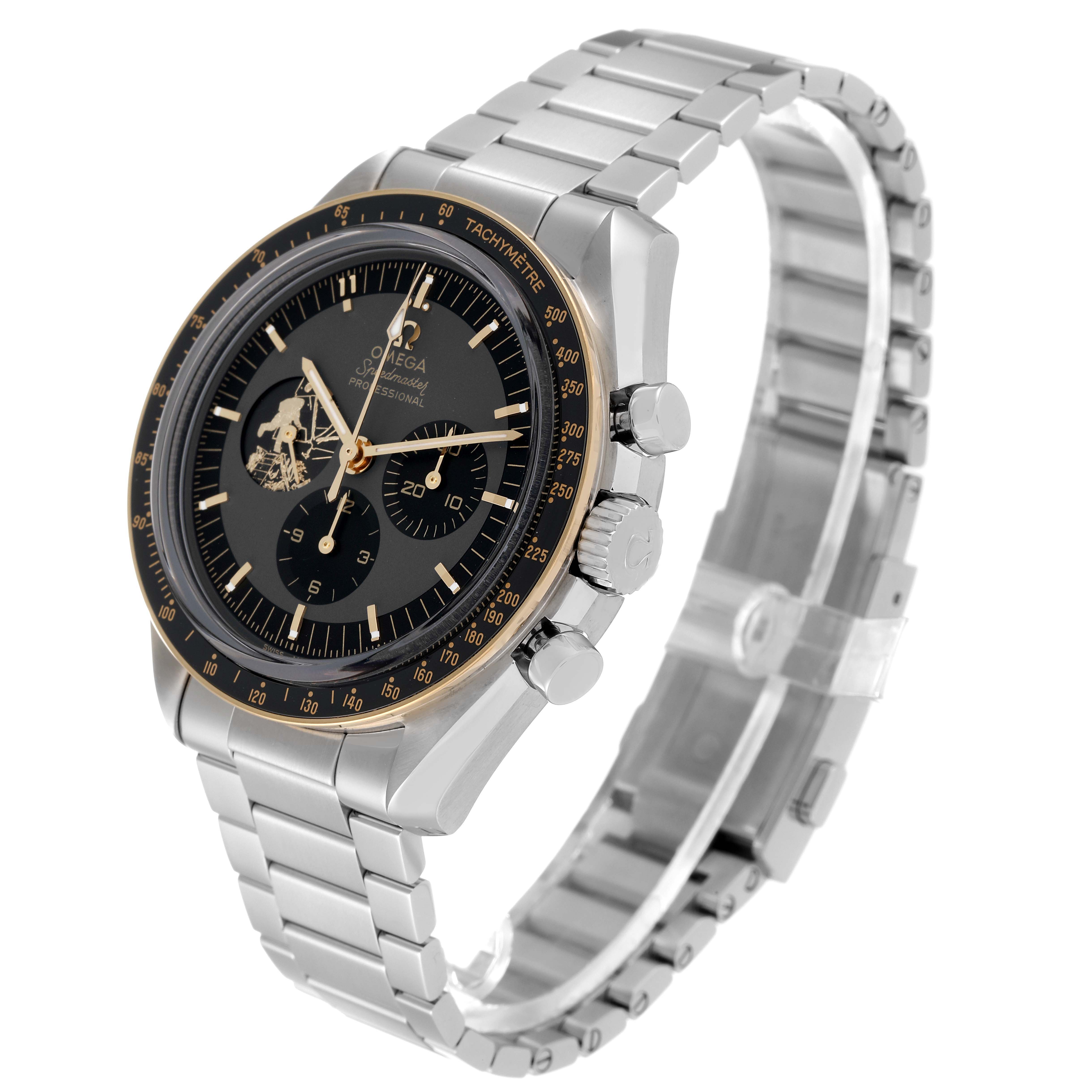 This image shows an angled view of an Omega Speedmaster 310.20.42.50.01.001 Men's Steel and Gold (two tone) Grey Dial 310.20.42.50.01.001 Men's Steel and Gold (two tone) Grey Dial watch, displaying its face, bezel, crown, and metal bracelet.