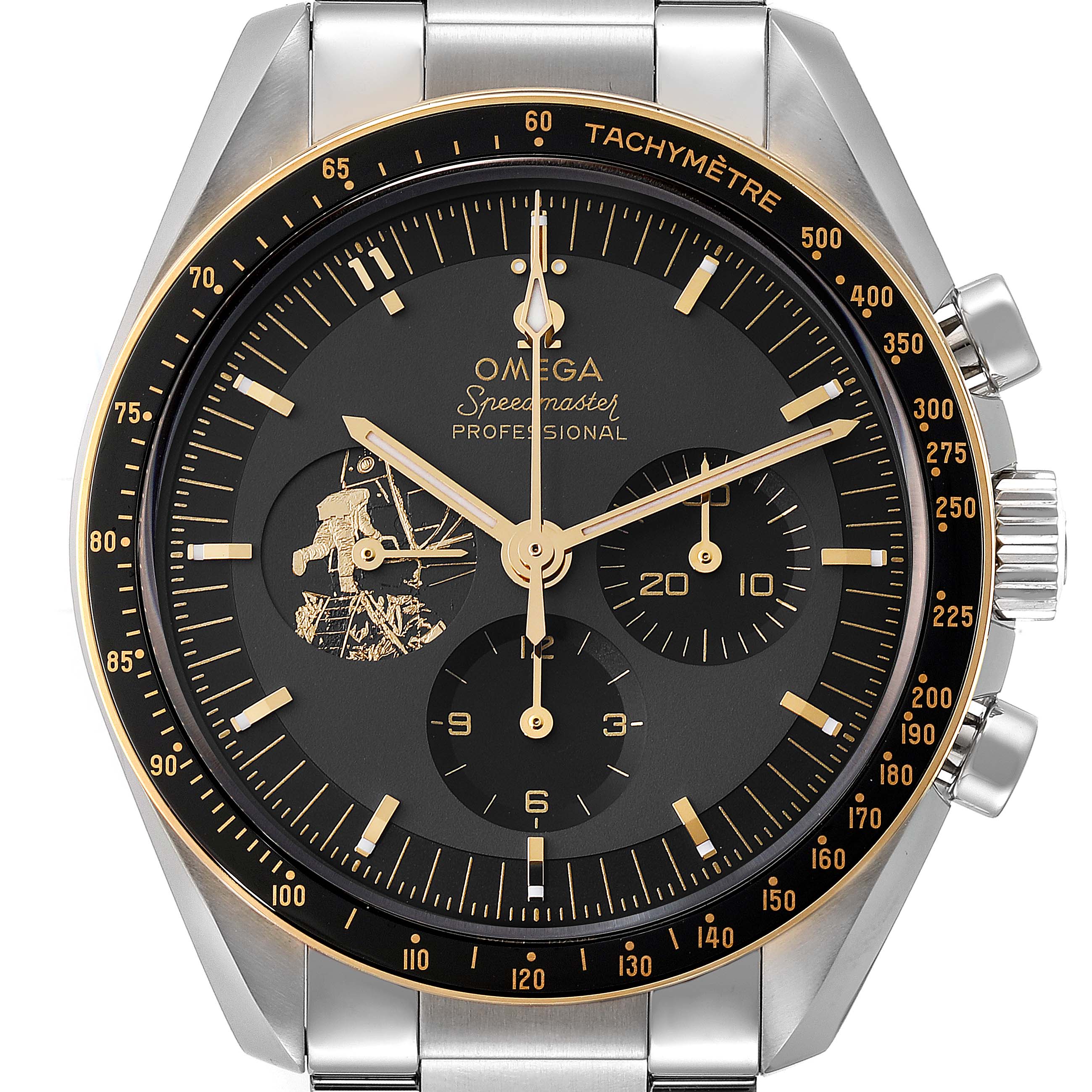 This image shows a front angle of the Omega Speedmaster 310.20.42.50.01.001 Men's Steel and Gold (two tone) Grey Dial 310.20.42.50.01.001 Men's Steel and Gold (two tone) Grey Dial watch, highlighting its dial, subdials, tachymeter bezel, and crown.