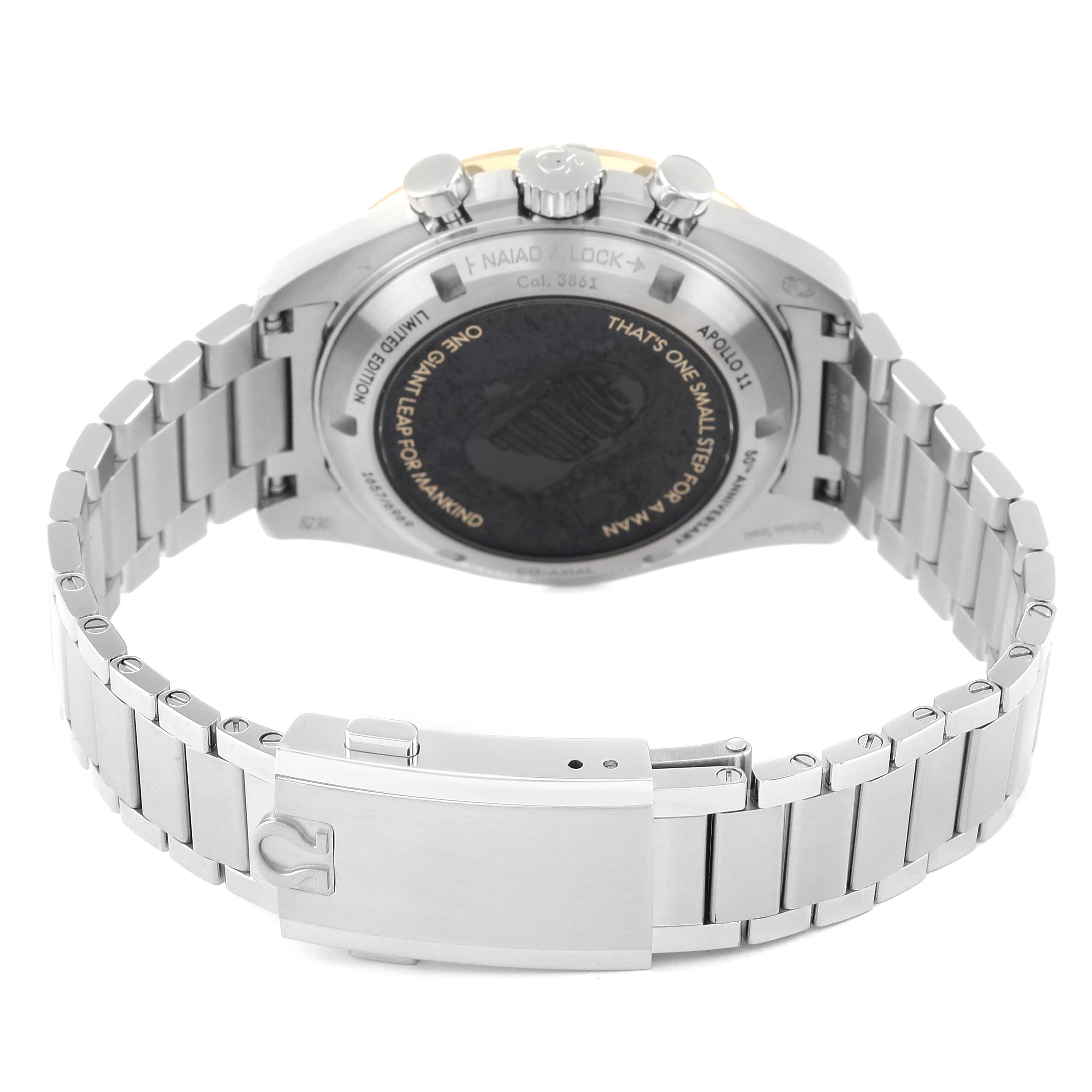 The image shows the back and bracelet of an Omega Speedmaster 310.20.42.50.01.001 Men's Steel and Gold (two tone) Grey Dial 310.20.42.50.01.001 Men's Steel and Gold (two tone) Grey Dial watch, focusing on the case back, clasp, and links.