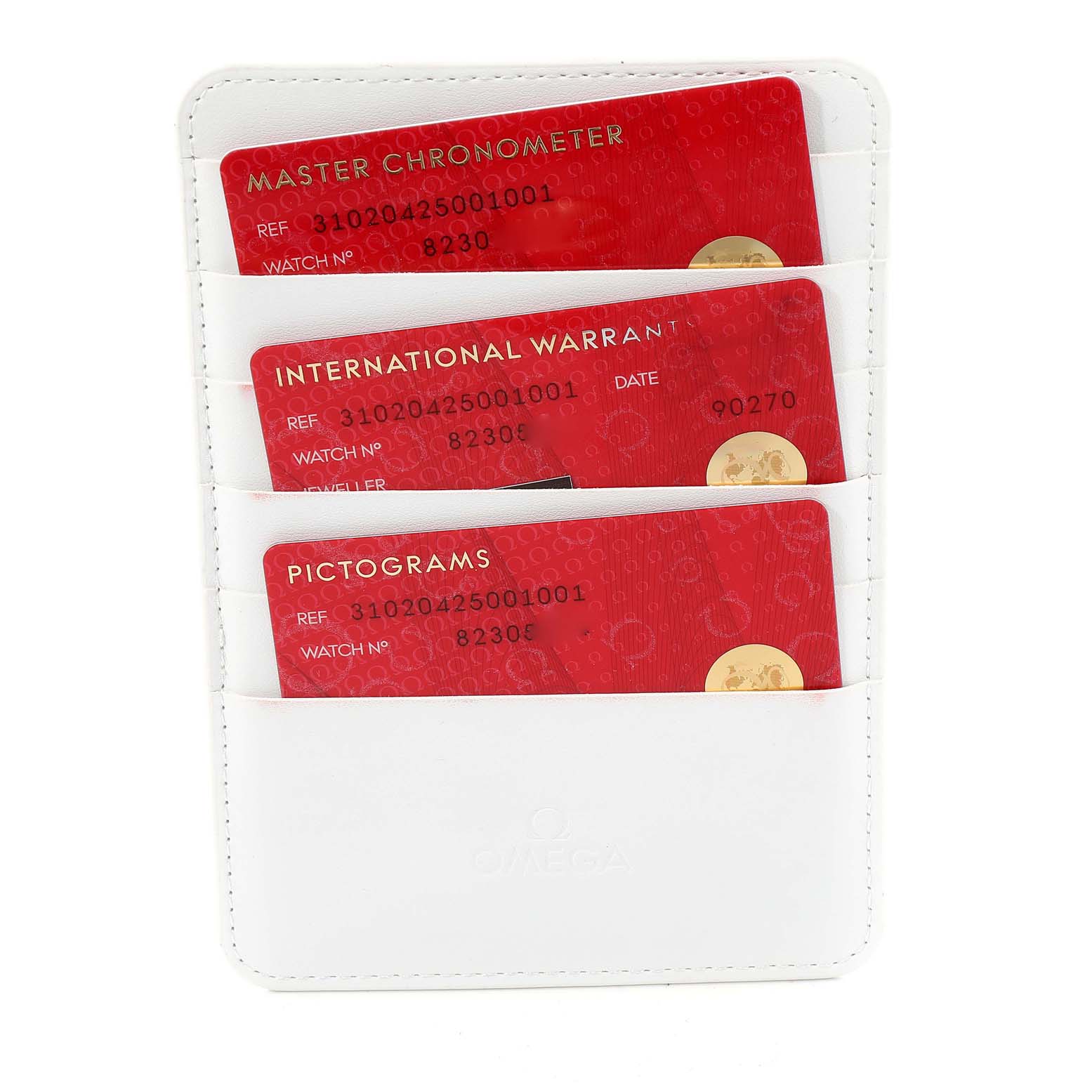 The image shows a white cardholder containing three red cards for an Omega Speedmaster 310.20.42.50.01.001 Men's Steel and Gold (two tone) Grey Dial 310.20.42.50.01.001 Men's Steel and Gold (two tone) Grey Dial model.