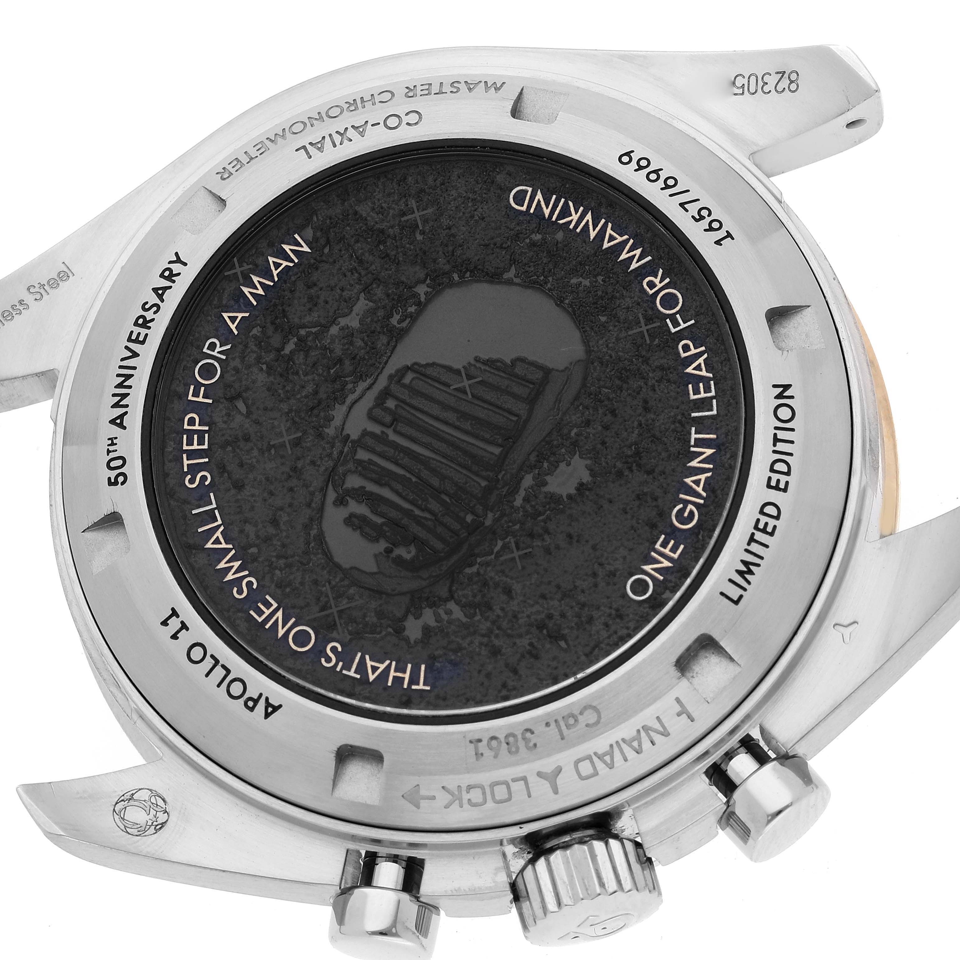 The image shows the back of the Omega Speedmaster 310.20.42.50.01.001 Men's Steel and Gold (two tone) Grey Dial 310.20.42.50.01.001 Men's Steel and Gold (two tone) Grey Dial, featuring the "Apollo 11 50th Anniversary" engravings and markings.