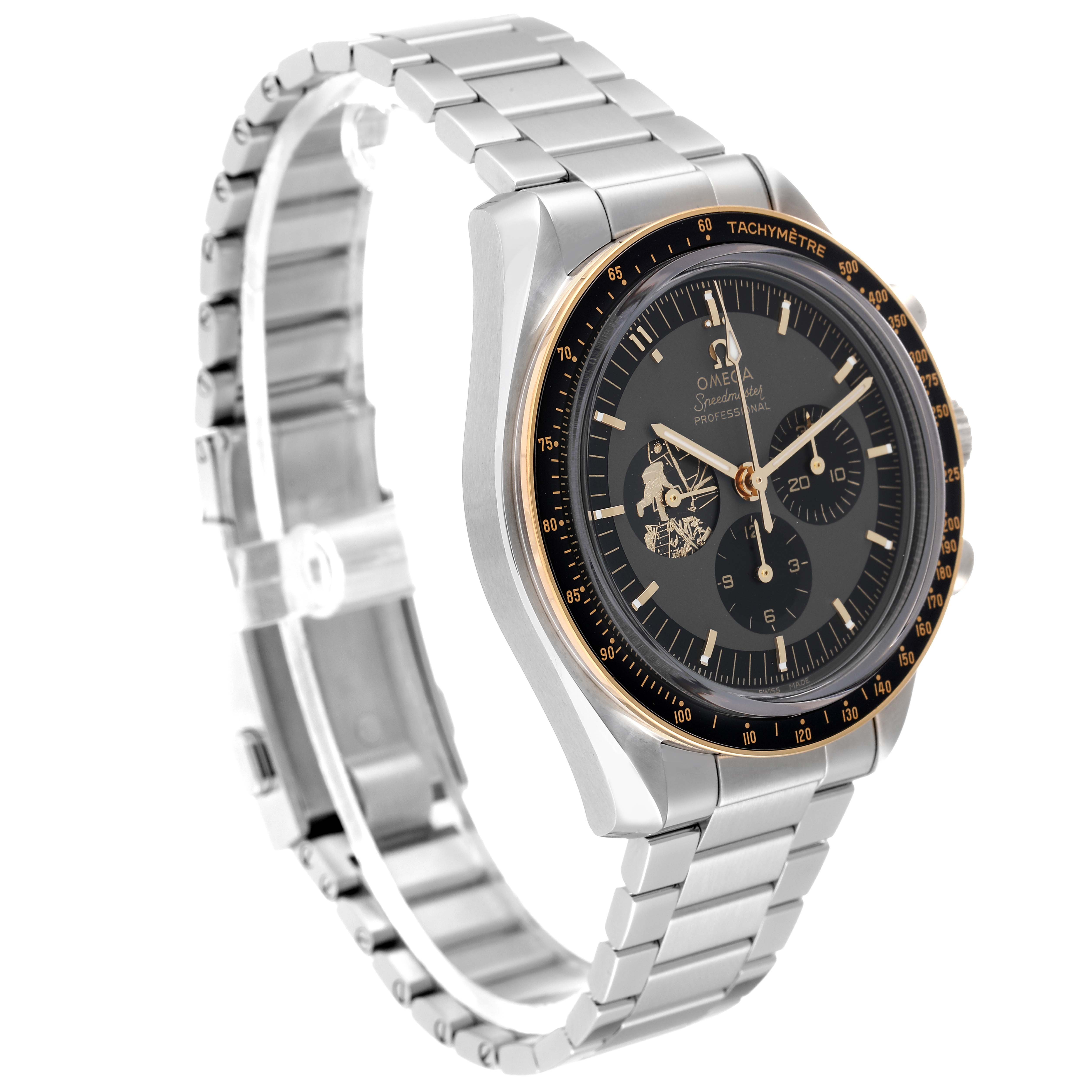 The Omega Speedmaster 310.20.42.50.01.001 Men's Steel and Gold (two tone) Grey Dial 310.20.42.50.01.001 Men's Steel and Gold (two tone) Grey Dial watch is shown at a three-quarter angle, highlighting the face, bezel, and partially open bracelet.