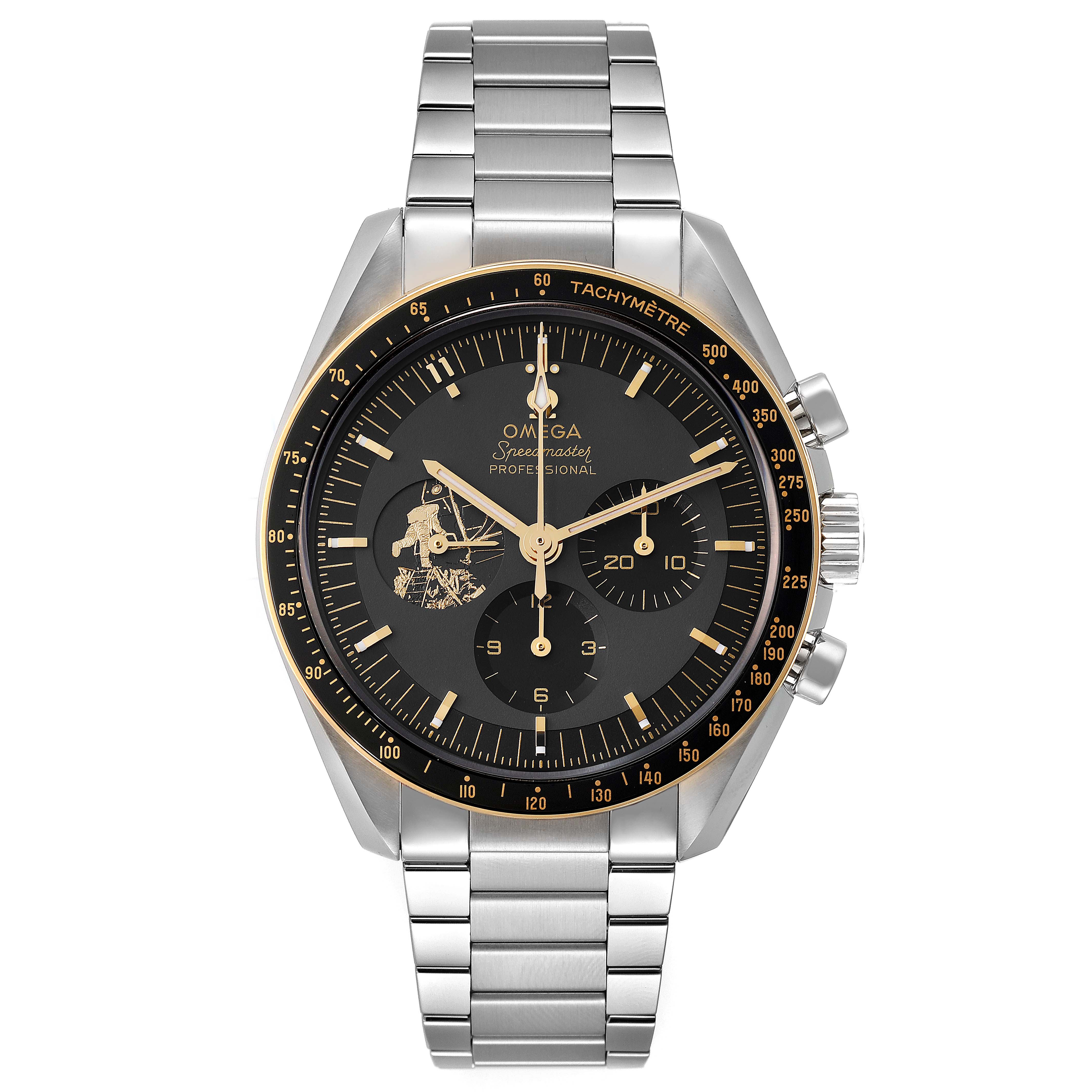The image shows a front view of an Omega Speedmaster 310.20.42.50.01.001 Men's Steel and Gold (two tone) Grey Dial 310.20.42.50.01.001 Men's Steel and Gold (two tone) Grey Dial Professional watch, displaying its face, bezel, and stainless steel bracelet.