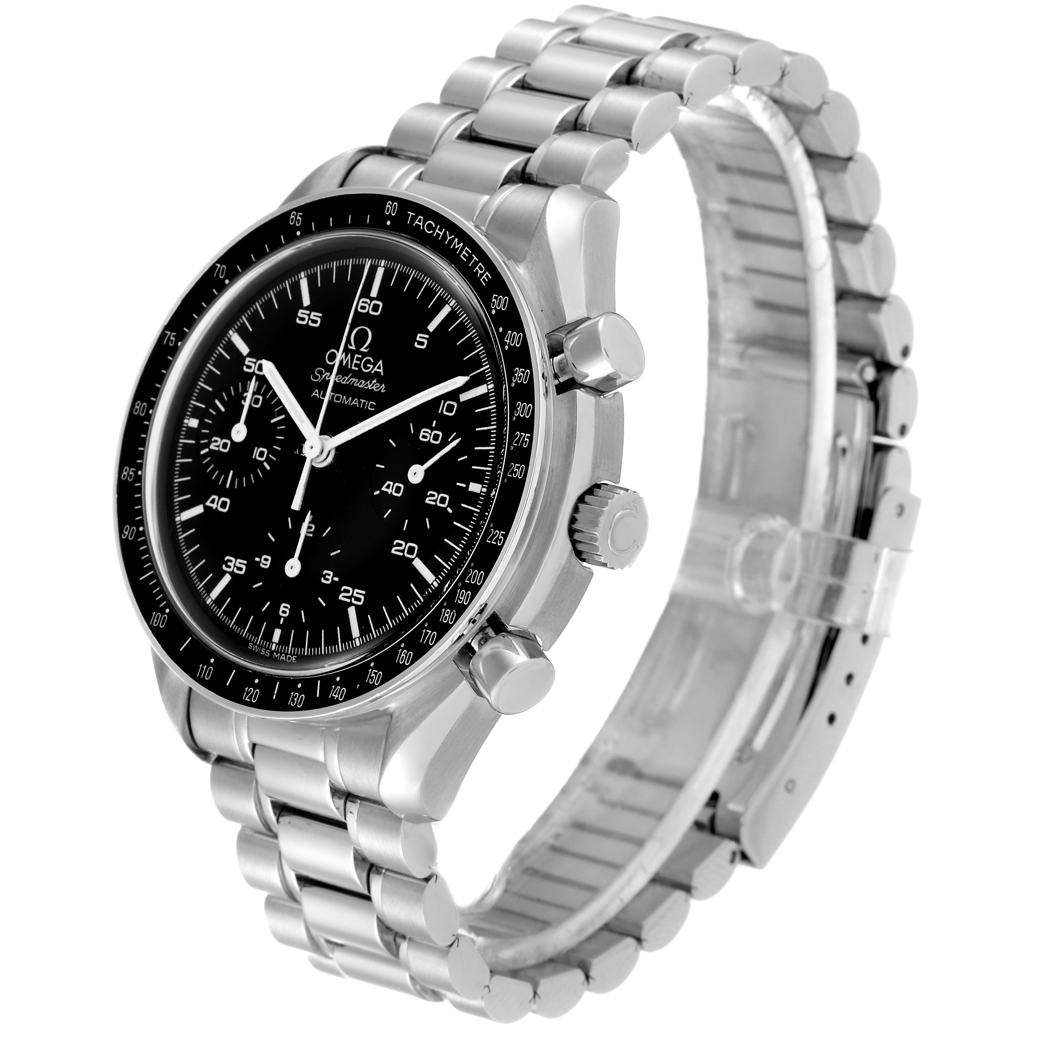 The Omega Speedmaster 3510.50.00 Men
s Stainless Steel Black Dial 3510.50.00 Men
s Stainless Steel Black Dial watch is shown at a side angle displaying the face, band, and crown.