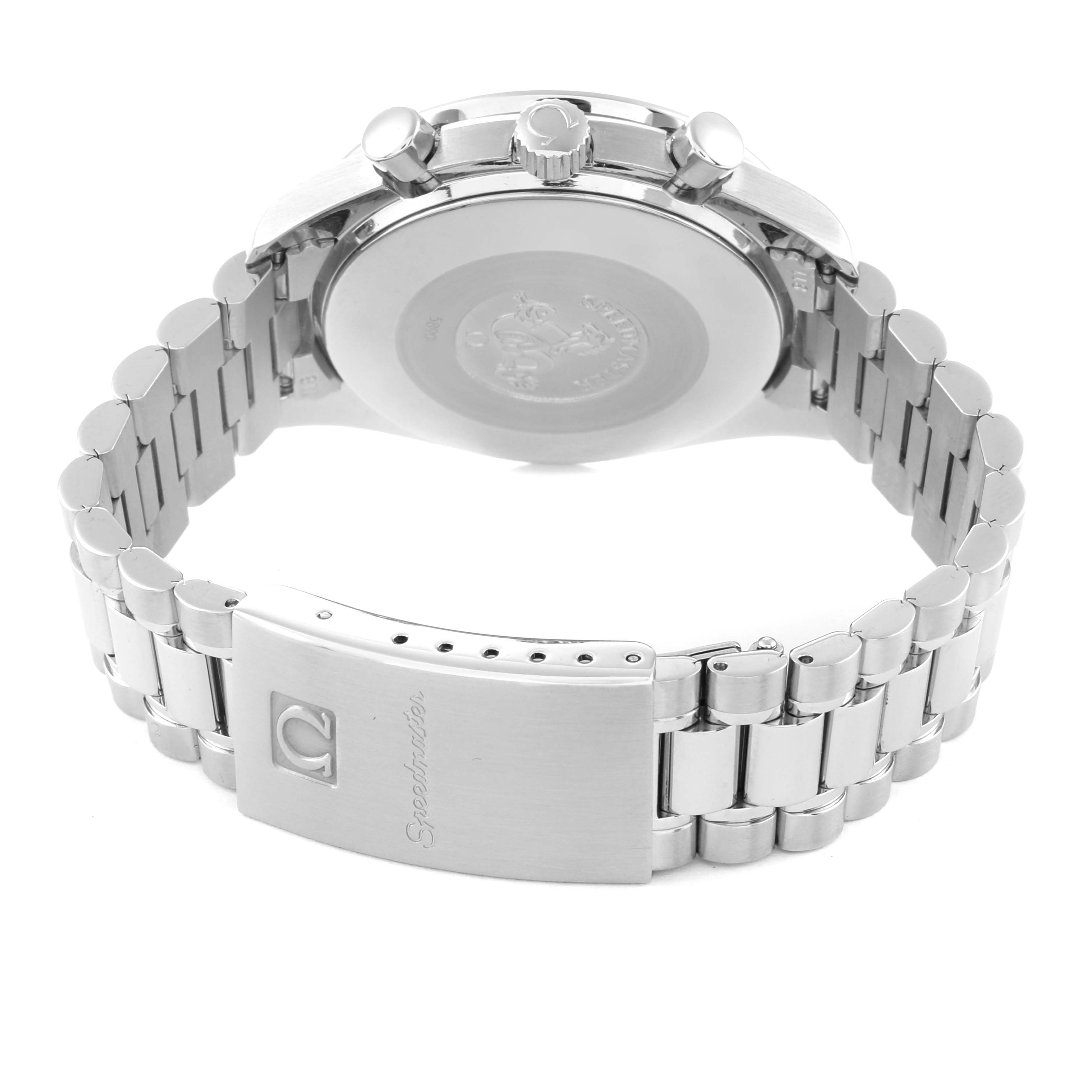 The image shows the back view of an Omega Speedmaster 3510.50.00 Men
s Stainless Steel Black Dial 3510.50.00 Men
s Stainless Steel Black Dial watch, highlighting the case back, crown, push buttons, and metal bracelet with clasp.