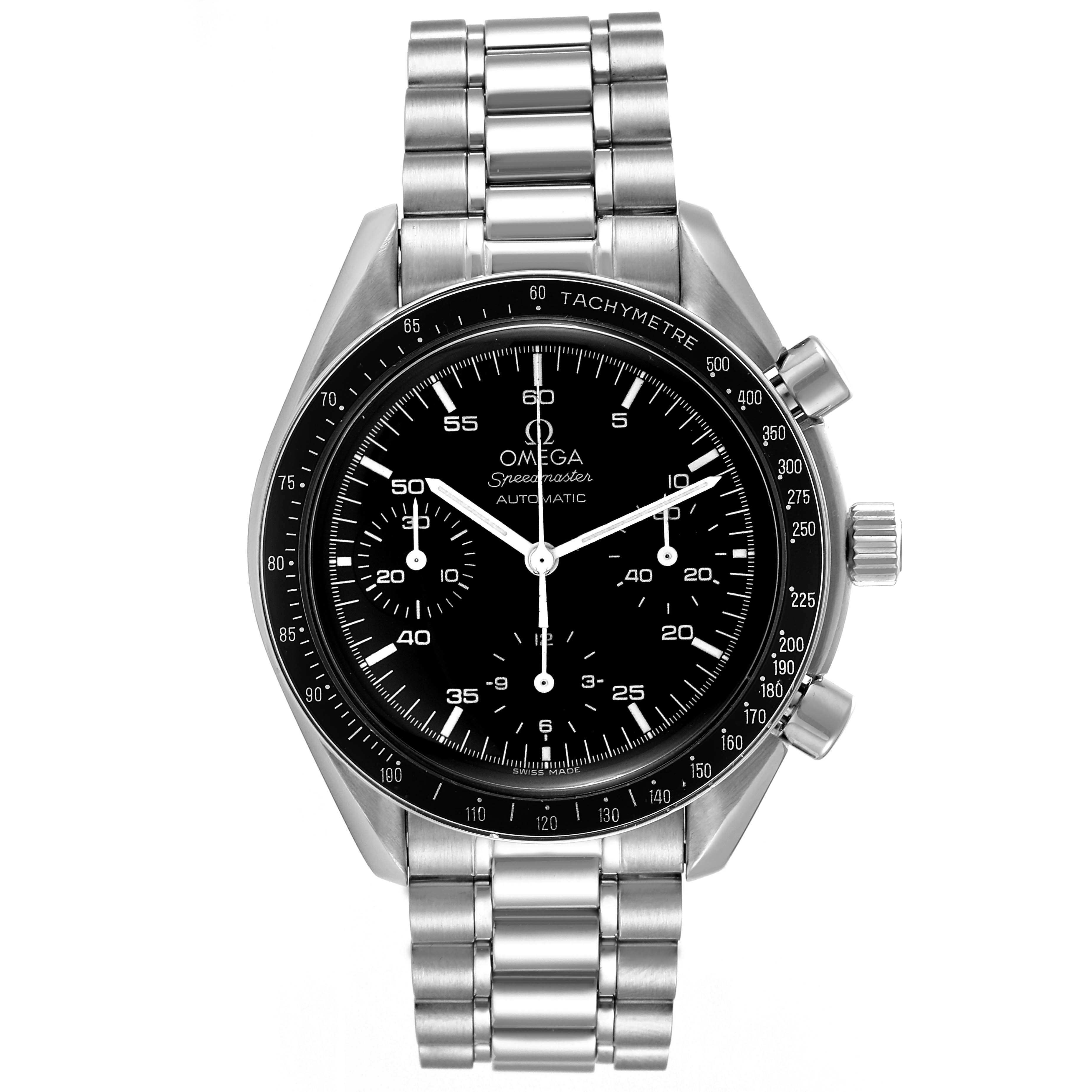 The image shows a front view of the Omega Speedmaster 3510.50.00 Men
s Stainless Steel Black Dial 3510.50.00 Men
s Stainless Steel Black Dial watch, displaying its dial, hands, and bracelet.