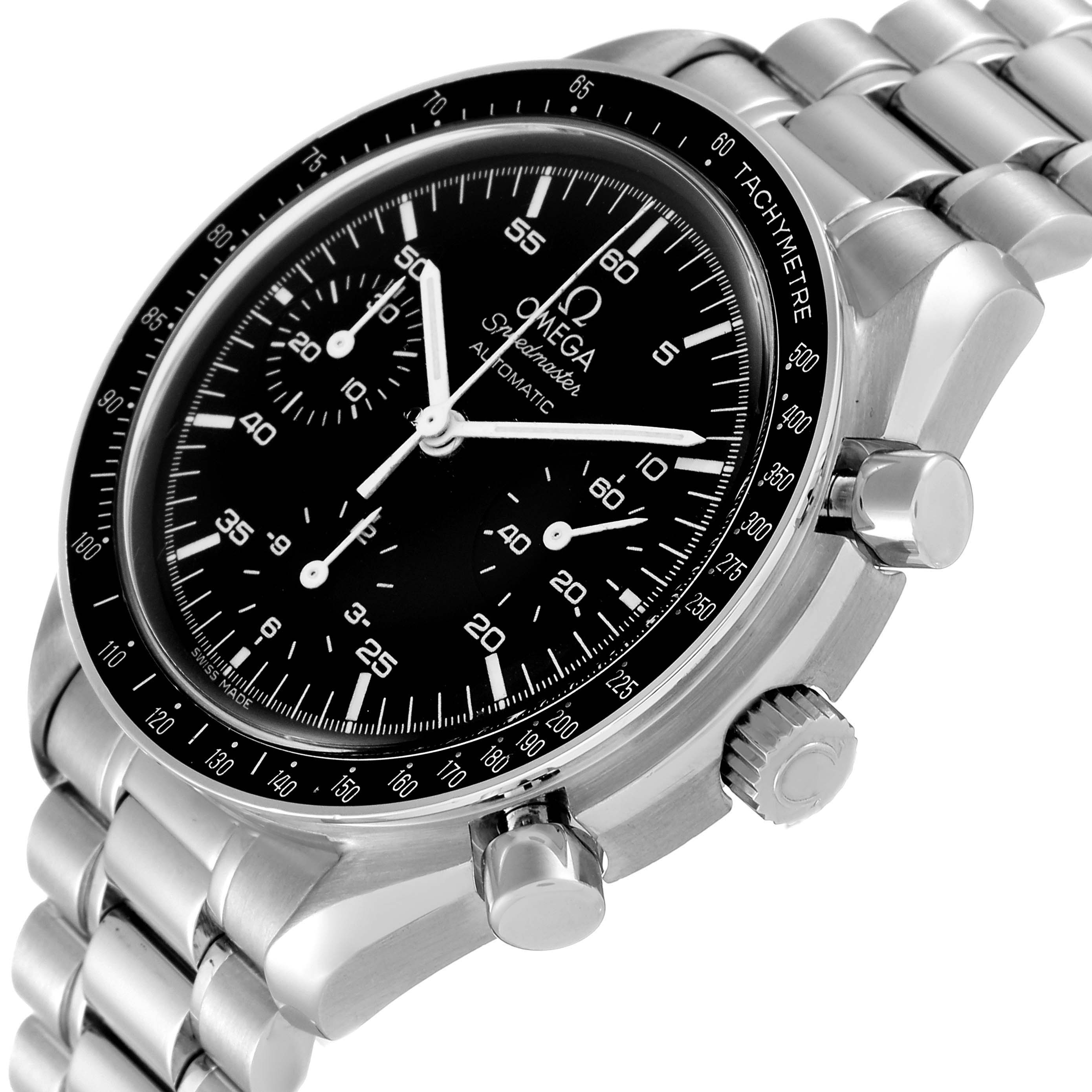 This image shows a close-up, side angle of an Omega Speedmaster 3510.50.00 Men
s Stainless Steel Black Dial 3510.50.00 Men
s Stainless Steel Black Dial watch, highlighting its black dial, chronograph subdials, and stainless steel bracelet.