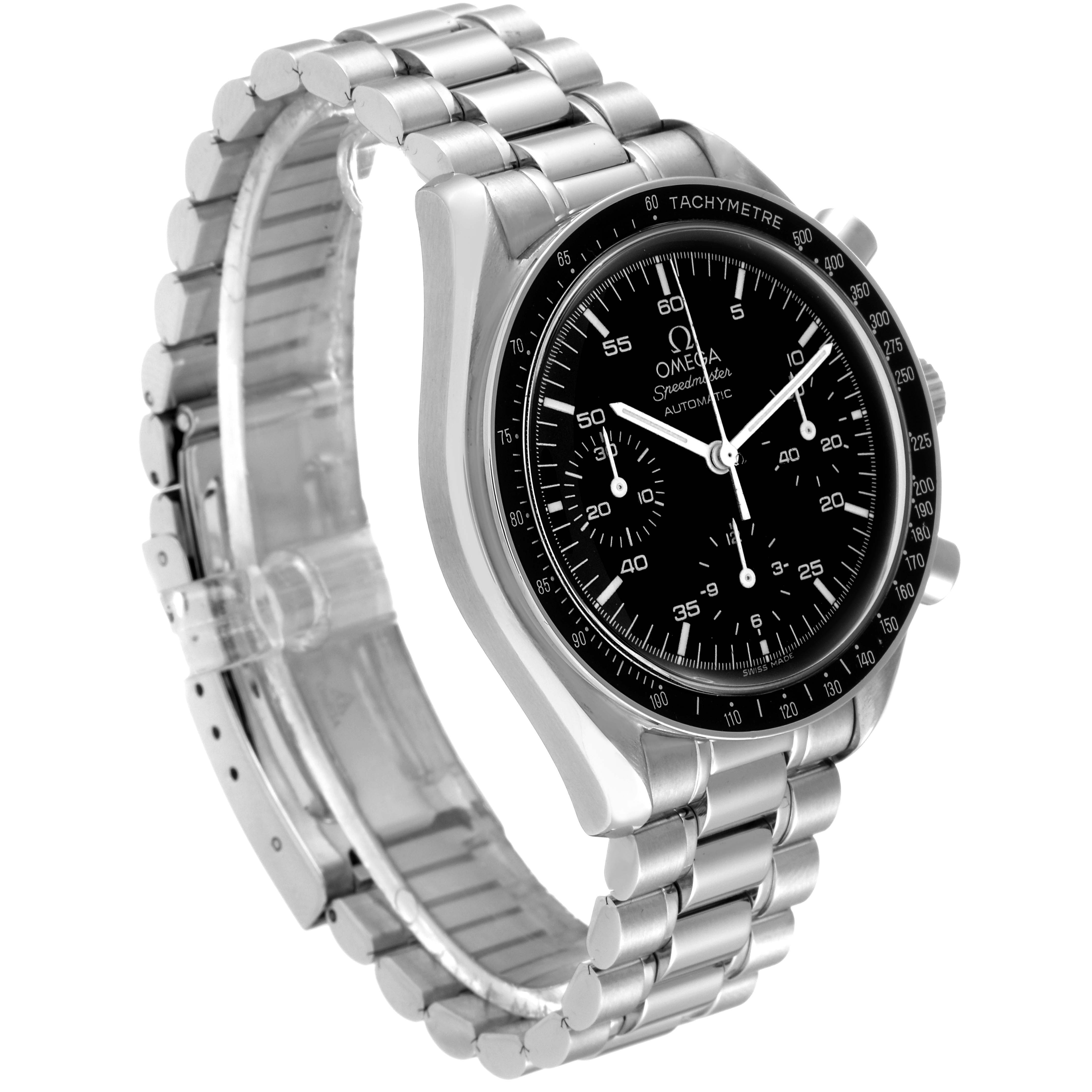 The Omega Speedmaster 3510.50.00 Men
s Stainless Steel Black Dial 3510.50.00 Men
s Stainless Steel Black Dial watch is shown at an angled view, highlighting the face, bezel, and stainless steel bracelet.