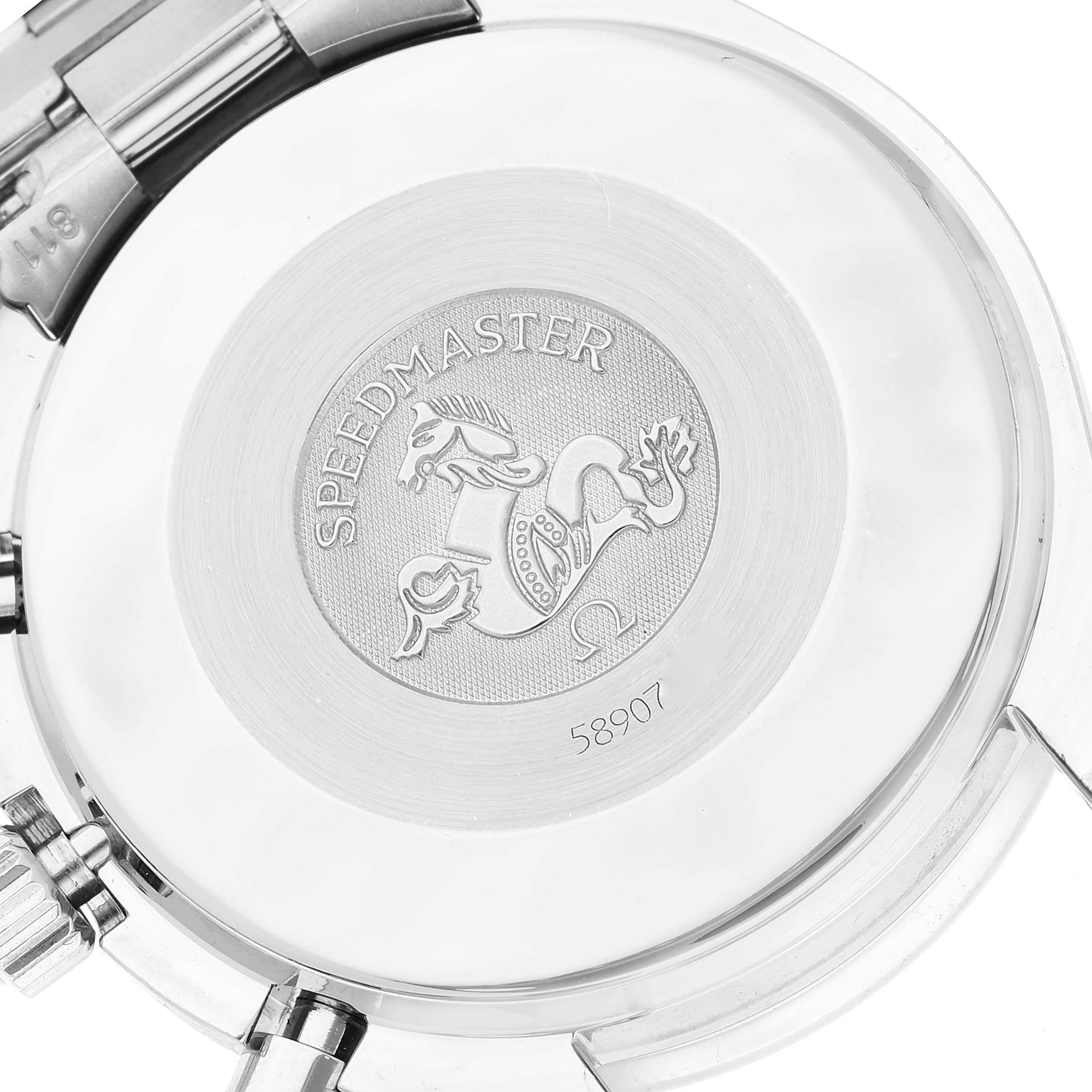 This image shows the case back of an Omega Speedmaster 3510.50.00 Men
s Stainless Steel Black Dial 3510.50.00 Men
s Stainless Steel Black Dial watch, highlighting the engraved logo and serial number.