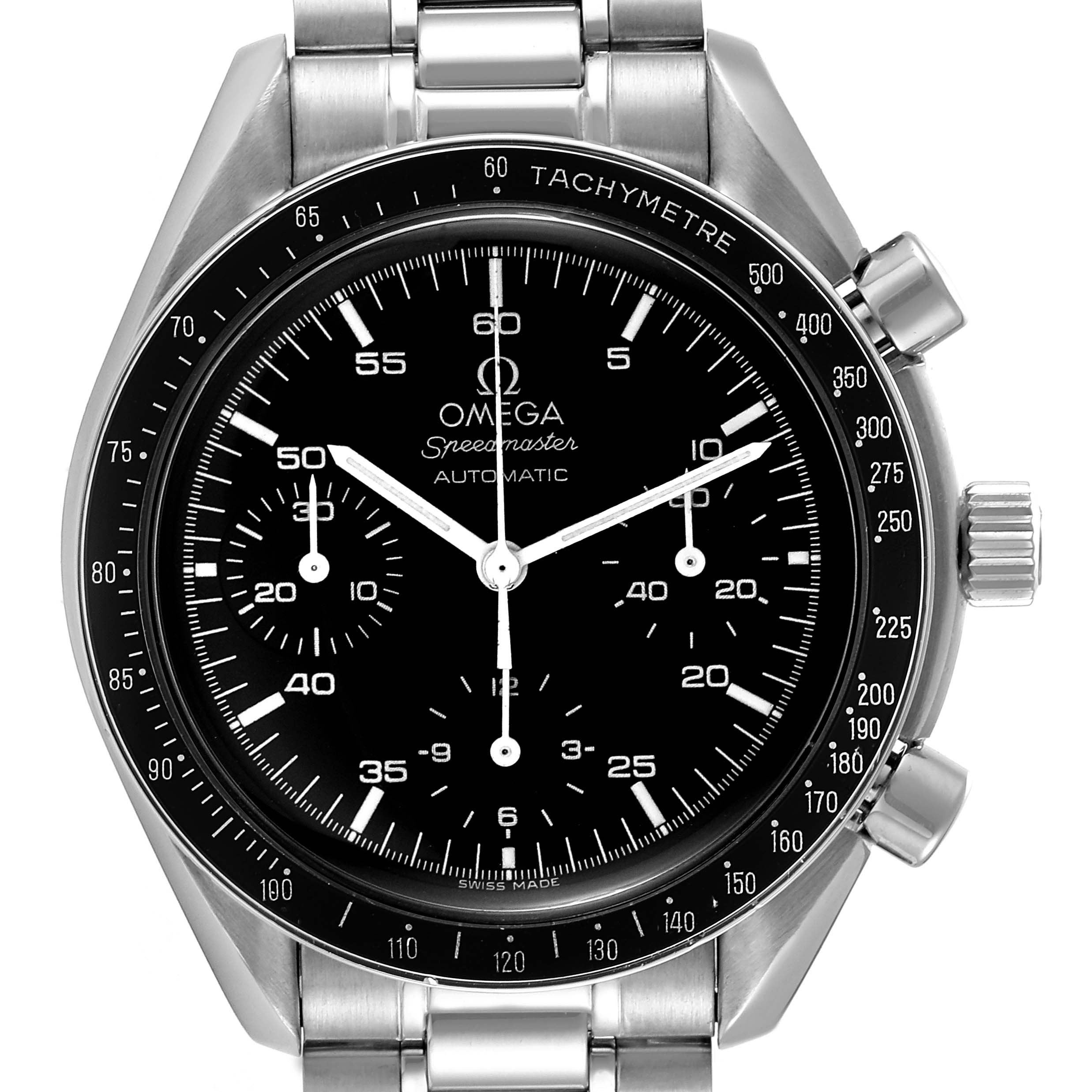 The Omega Speedmaster 3510.50.00 Men
s Stainless Steel Black Dial 3510.50.00 Men
s Stainless Steel Black Dial watch is shown from the front, highlighting its dial and metal bracelet.