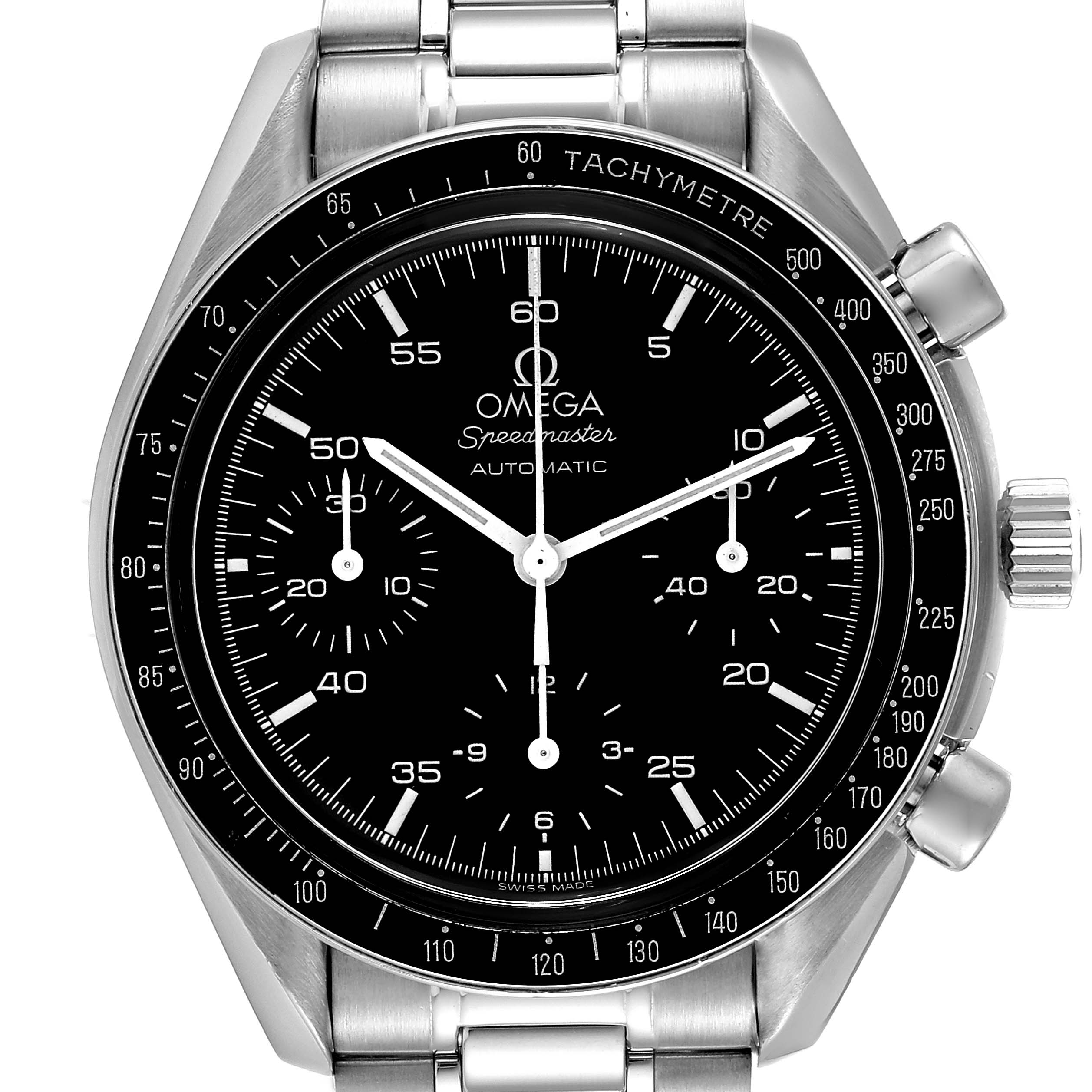 This image shows a front view of the Omega Speedmaster 3510.50.00 Men
s Stainless Steel Black Dial 3510.50.00 Men
s Stainless Steel Black Dial watch, highlighting the dial, bezel, and part of the bracelet.