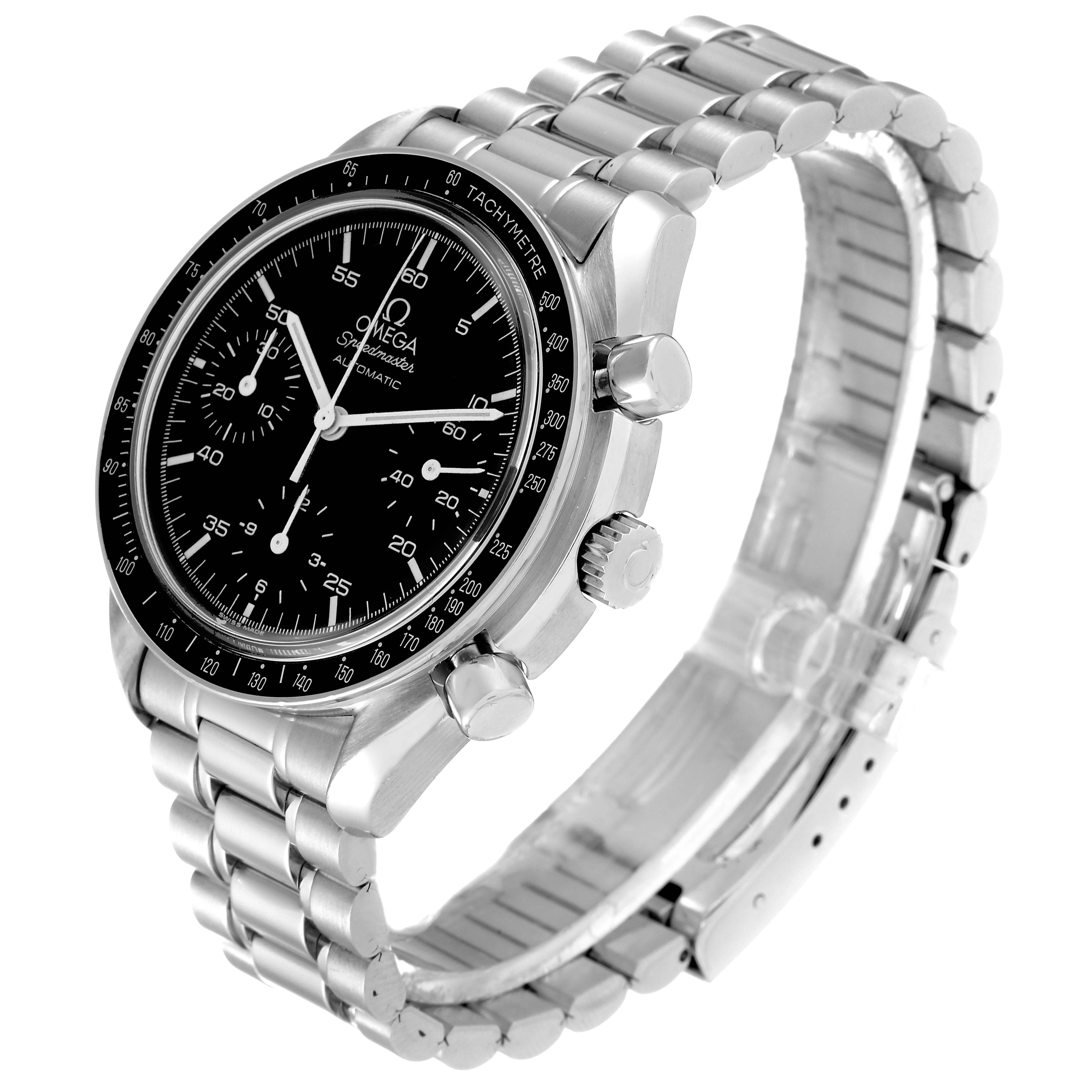 The Omega Speedmaster 3510.50.00 Men
s Stainless Steel Black Dial 3510.50.00 Men
s Stainless Steel Black Dial watch is shown at an oblique angle, highlighting its face, bezel, crown, pushers, and metal bracelet.