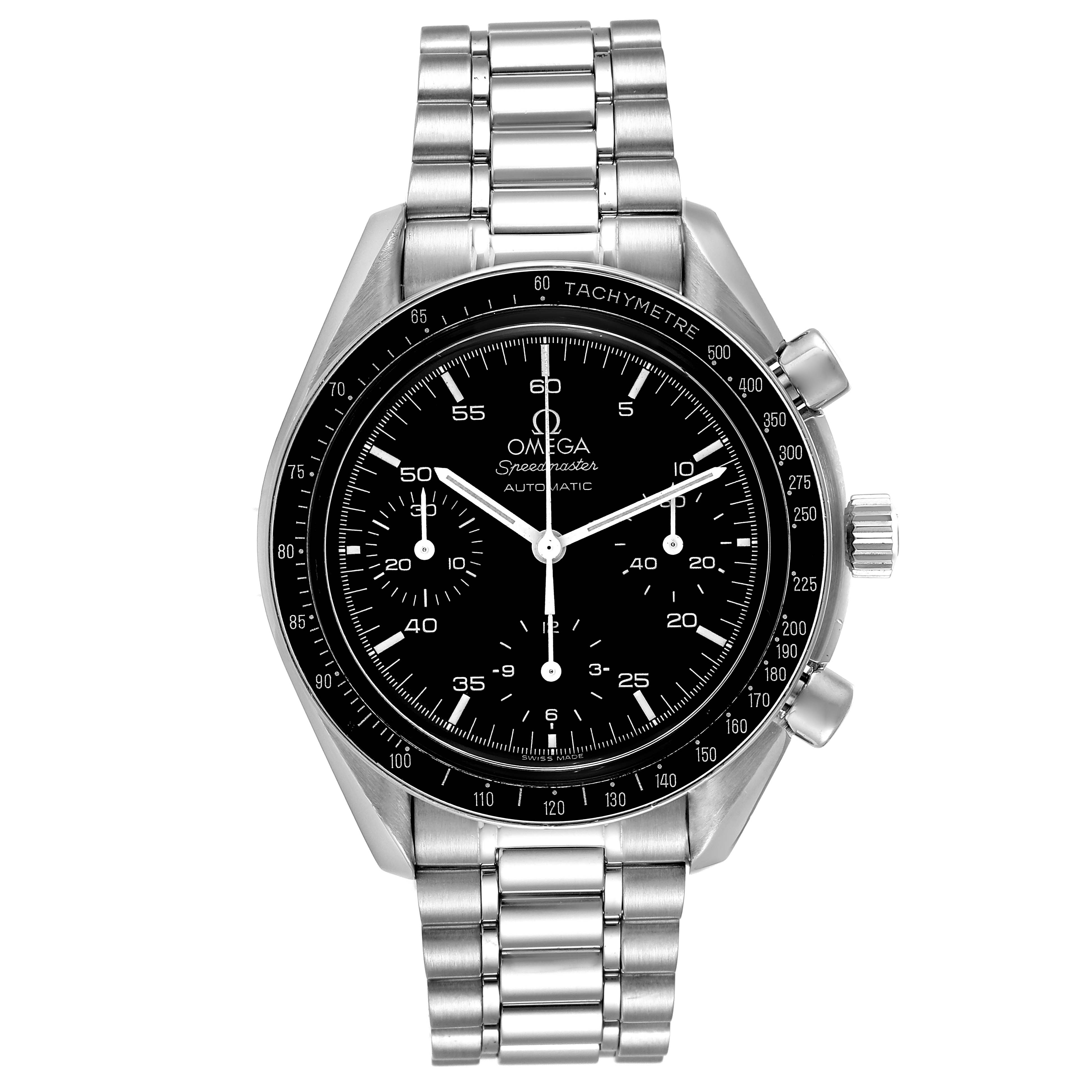 This image shows a front view of the Omega Speedmaster 3510.50.00 Men
s Stainless Steel Black Dial 3510.50.00 Men
s Stainless Steel Black Dial watch, featuring its black dial, chronograph subdials, tachymeter bezel, and metal bracelet.