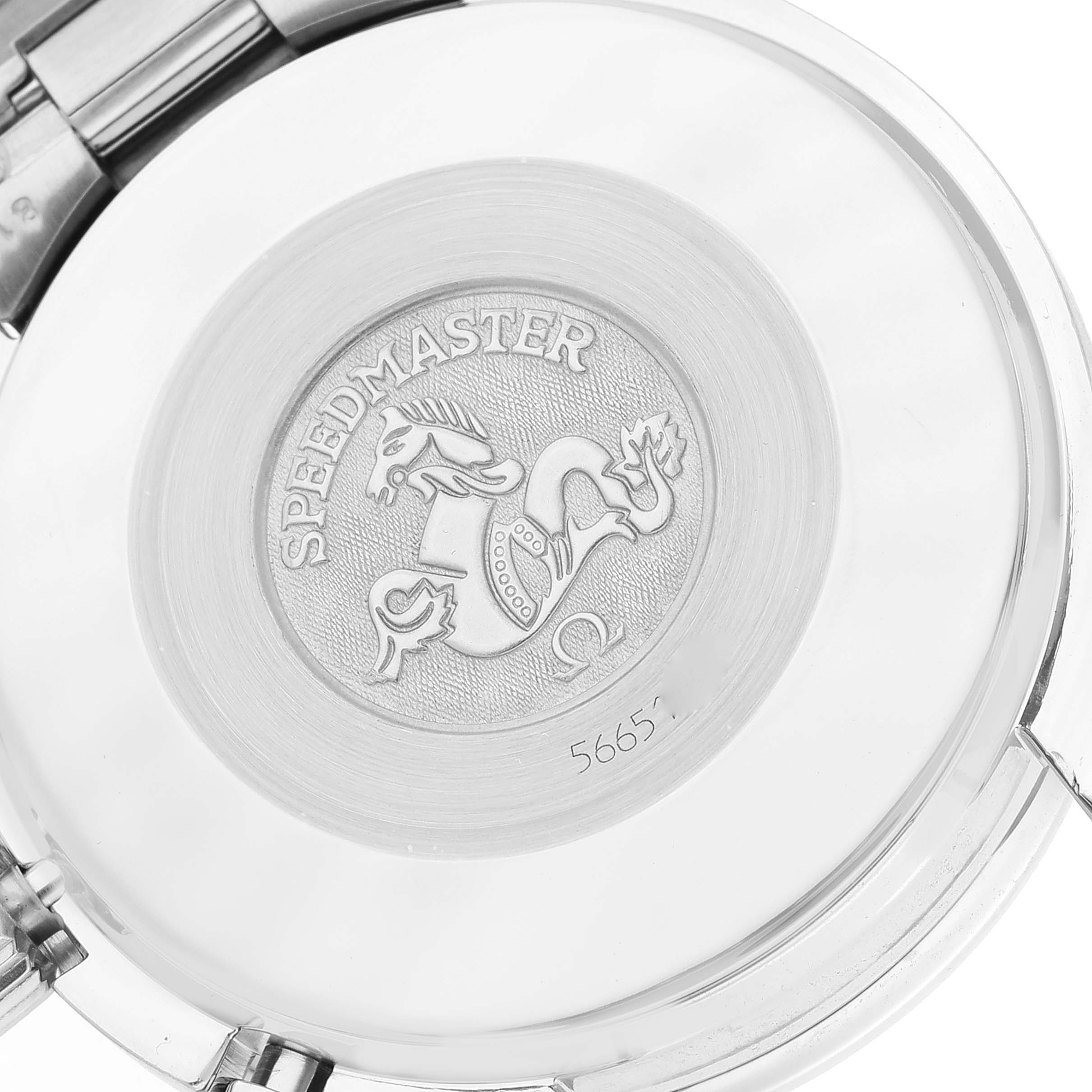 The image shows the case back of an Omega Speedmaster 3510.50.00 Men
s Stainless Steel Black Dial 3510.50.00 Men
s Stainless Steel Black Dial watch with its engraving.