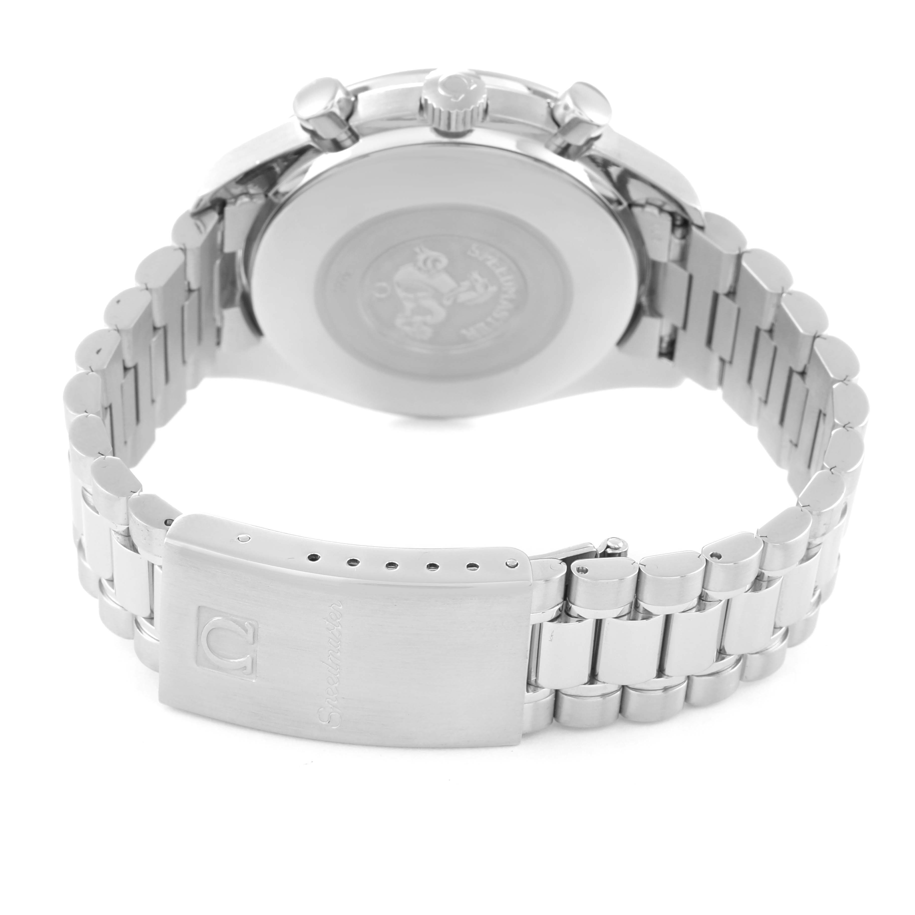 This image shows the back and clasp side of an Omega Speedmaster 3510.50.00 Men
s Stainless Steel Black Dial 3510.50.00 Men
s Stainless Steel Black Dial watch, highlighting the bracelet and case back.