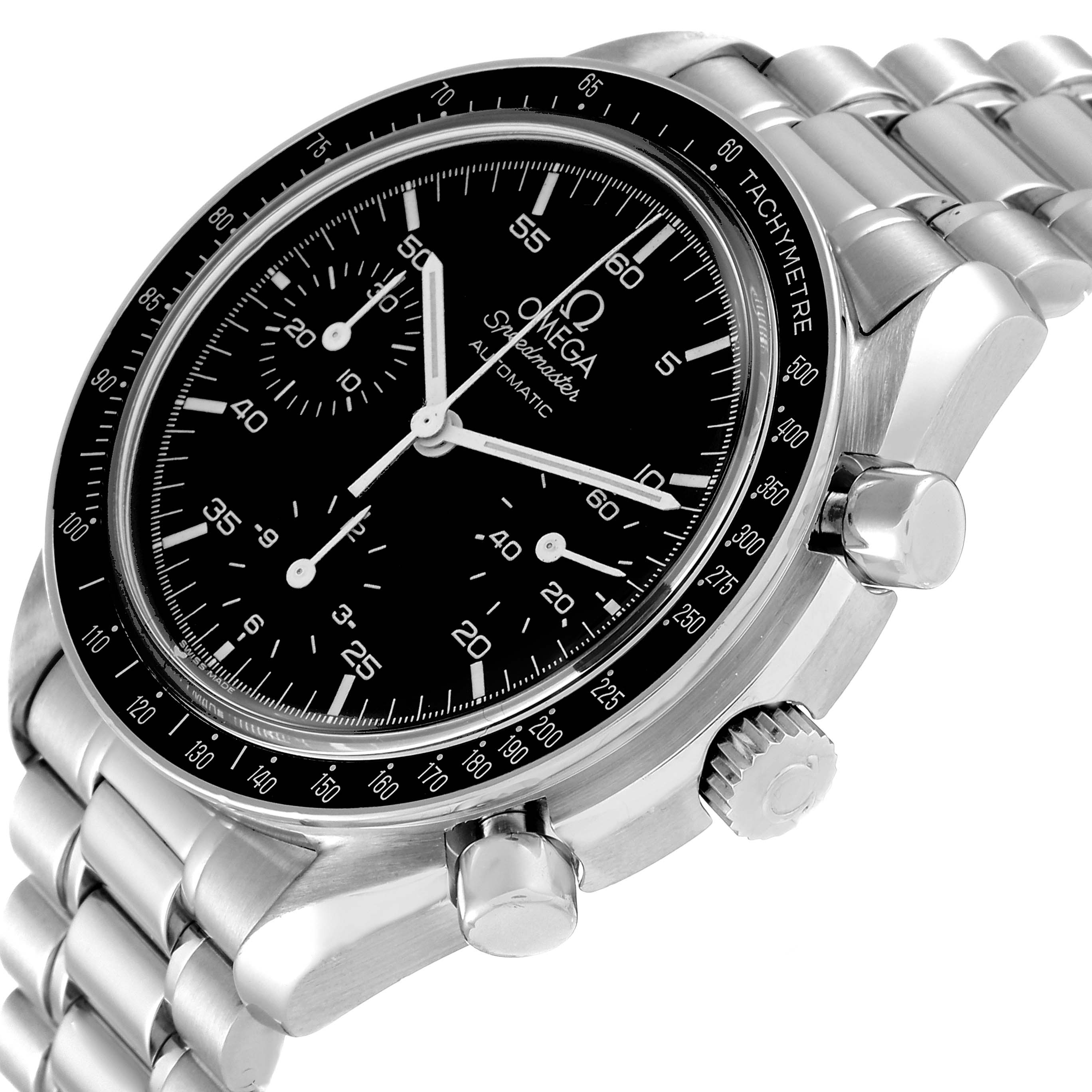 The Omega Speedmaster 3510.50.00 Men
s Stainless Steel Black Dial 3510.50.00 Men
s Stainless Steel Black Dial watch is shown at a slight angle, showcasing its black dial, tachymeter bezel, pushers, and bracelet.