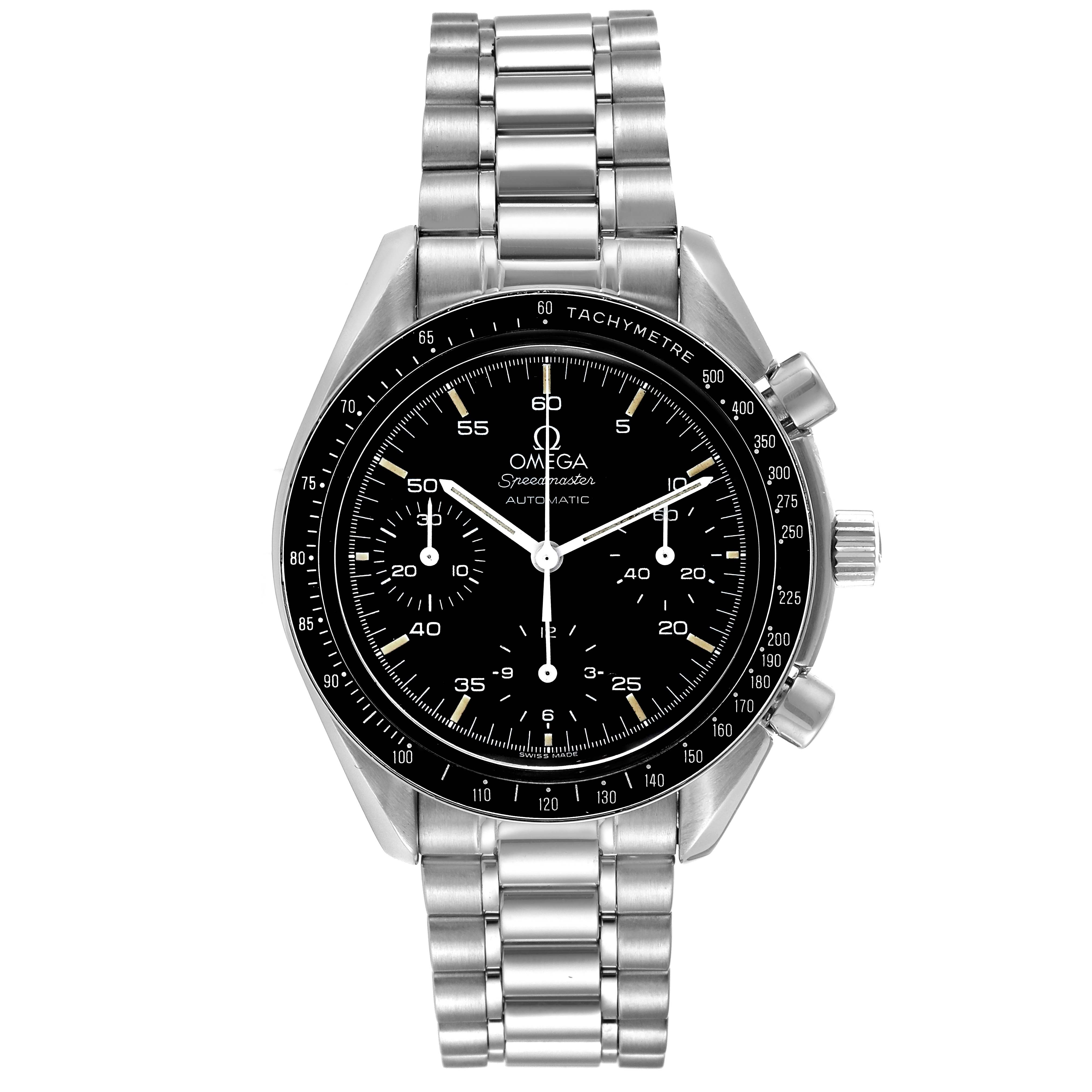 The image shows a front view of the Omega Speedmaster 3510.50.00 Men's Stainless Steel Black Dial 3510.50.00 Men's Stainless Steel Black Dial watch, displaying its dial, bezel, and stainless steel bracelet.