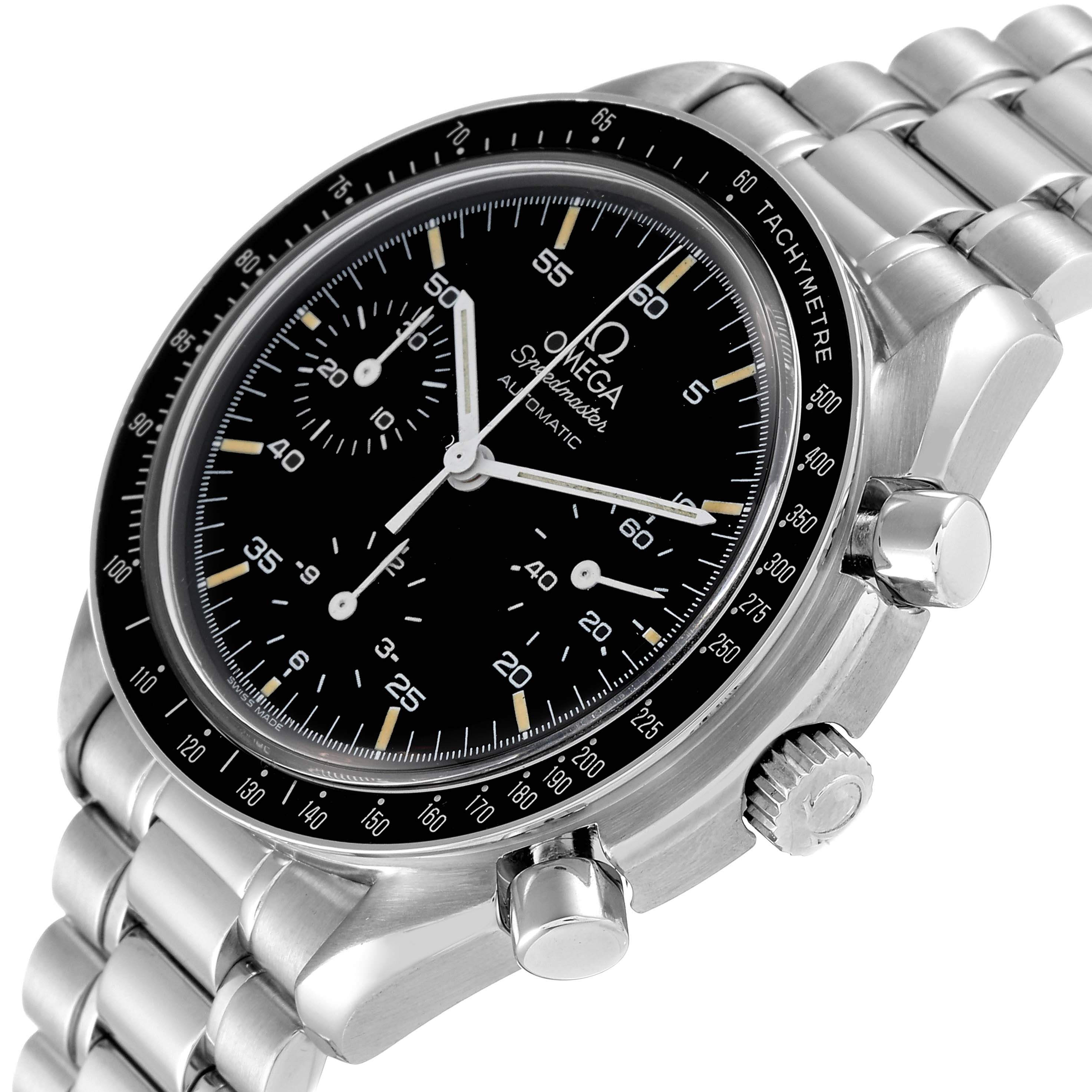 The image shows an angled view of the Omega Speedmaster 3510.50.00 Men's Stainless Steel Black Dial 3510.50.00 Men's Stainless Steel Black Dial watch, showcasing its dial, bezel, pushers, and bracelet.