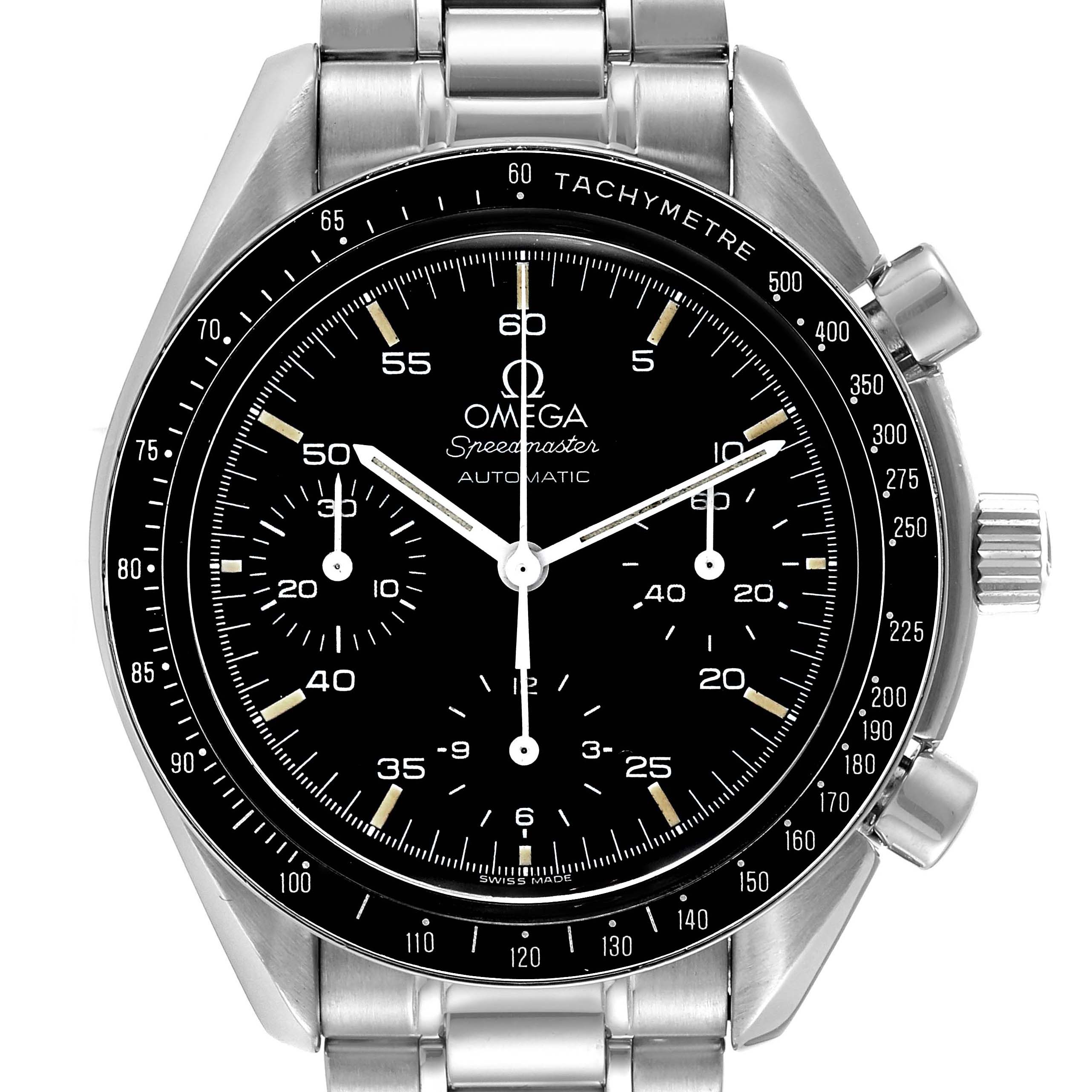 This image shows a frontal view of the Omega Speedmaster 3510.50.00 Men's Stainless Steel Black Dial 3510.50.00 Men's Stainless Steel Black Dial watch displaying the dial, bezel, and part of the bracelet.