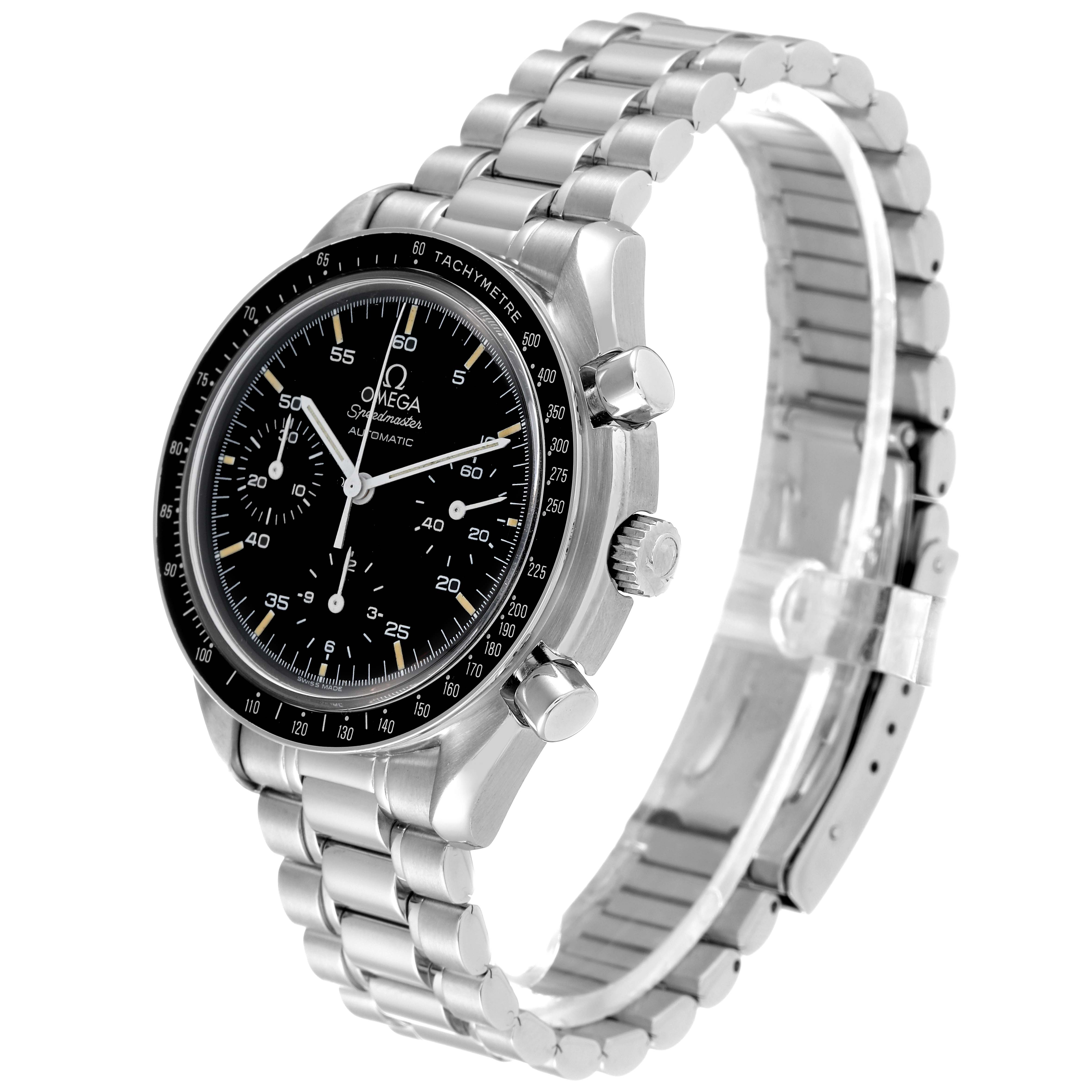 The image shows an angled view of the Omega Speedmaster 3510.50.00 Men's Stainless Steel Black Dial 3510.50.00 Men's Stainless Steel Black Dial watch, highlighting the face, bezel, crown, pushers, and metal bracelet.