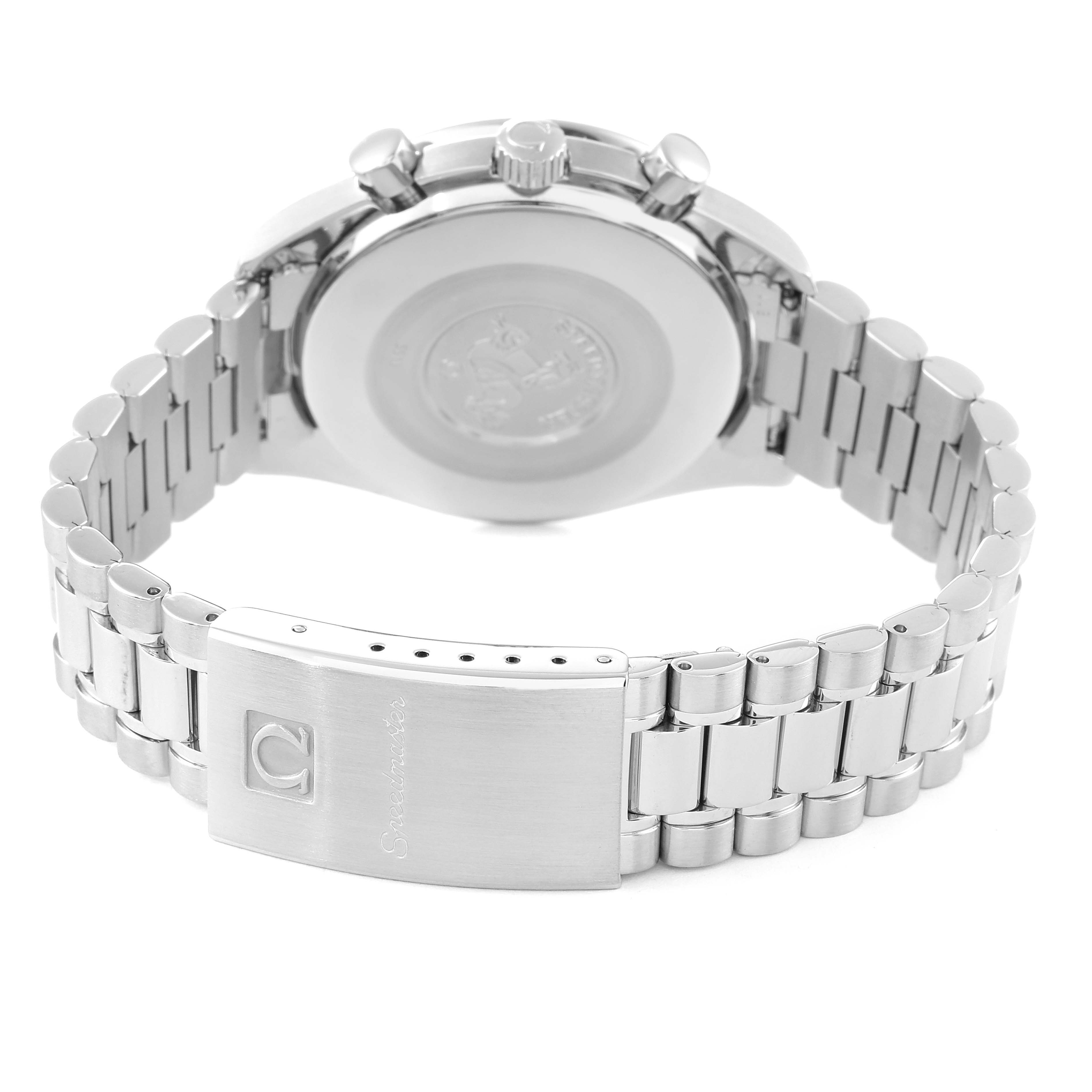 This image shows the backside and clasp of the Omega Speedmaster 3510.50.00 Men's Stainless Steel Black Dial 3510.50.00 Men's Stainless Steel Black Dial watch, featuring its metal bracelet and detailed case back.