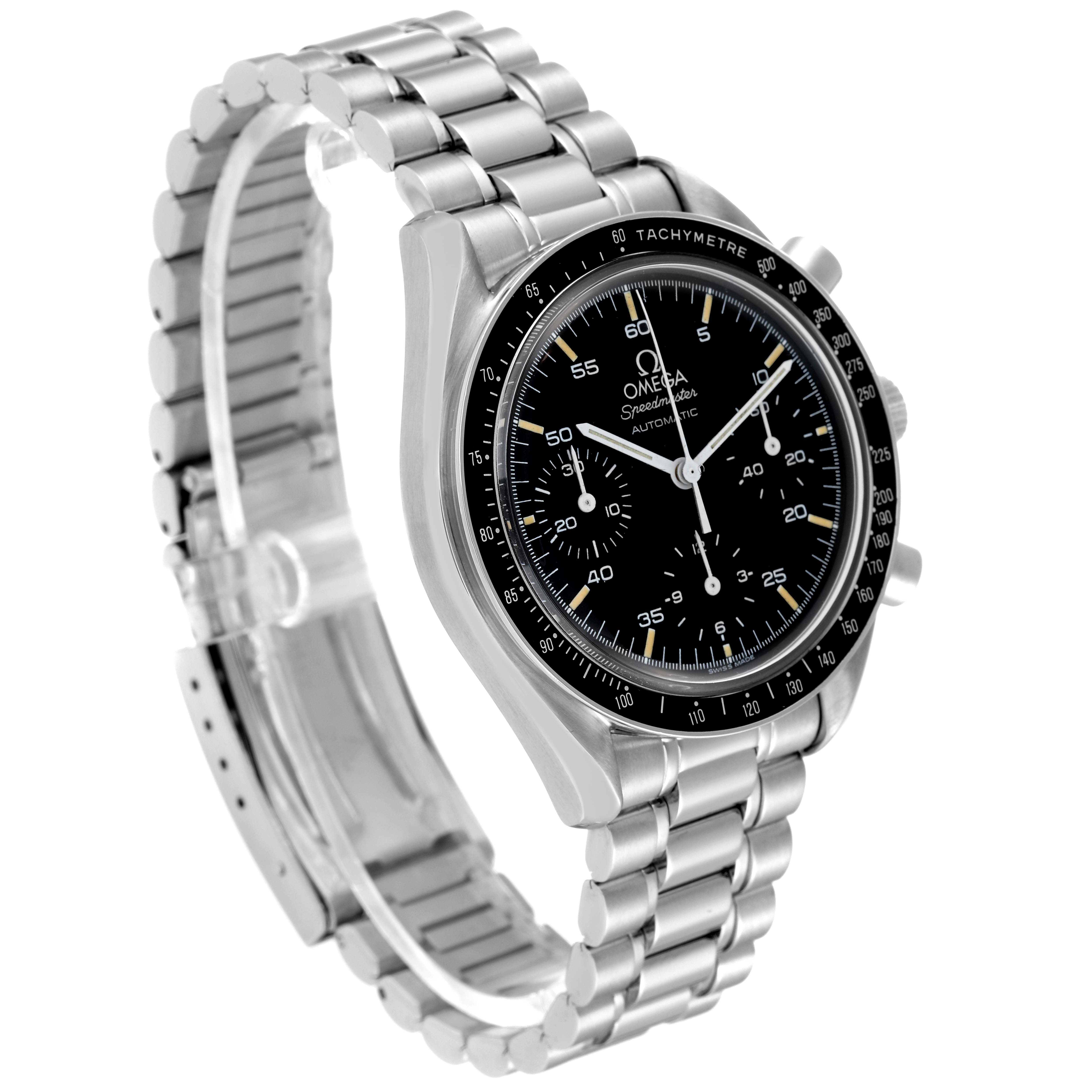 The image shows an Omega Speedmaster 3510.50.00 Men's Stainless Steel Black Dial 3510.50.00 Men's Stainless Steel Black Dial watch at a three-quarter angle, highlighting its black dial, tachymeter bezel, and stainless steel band.