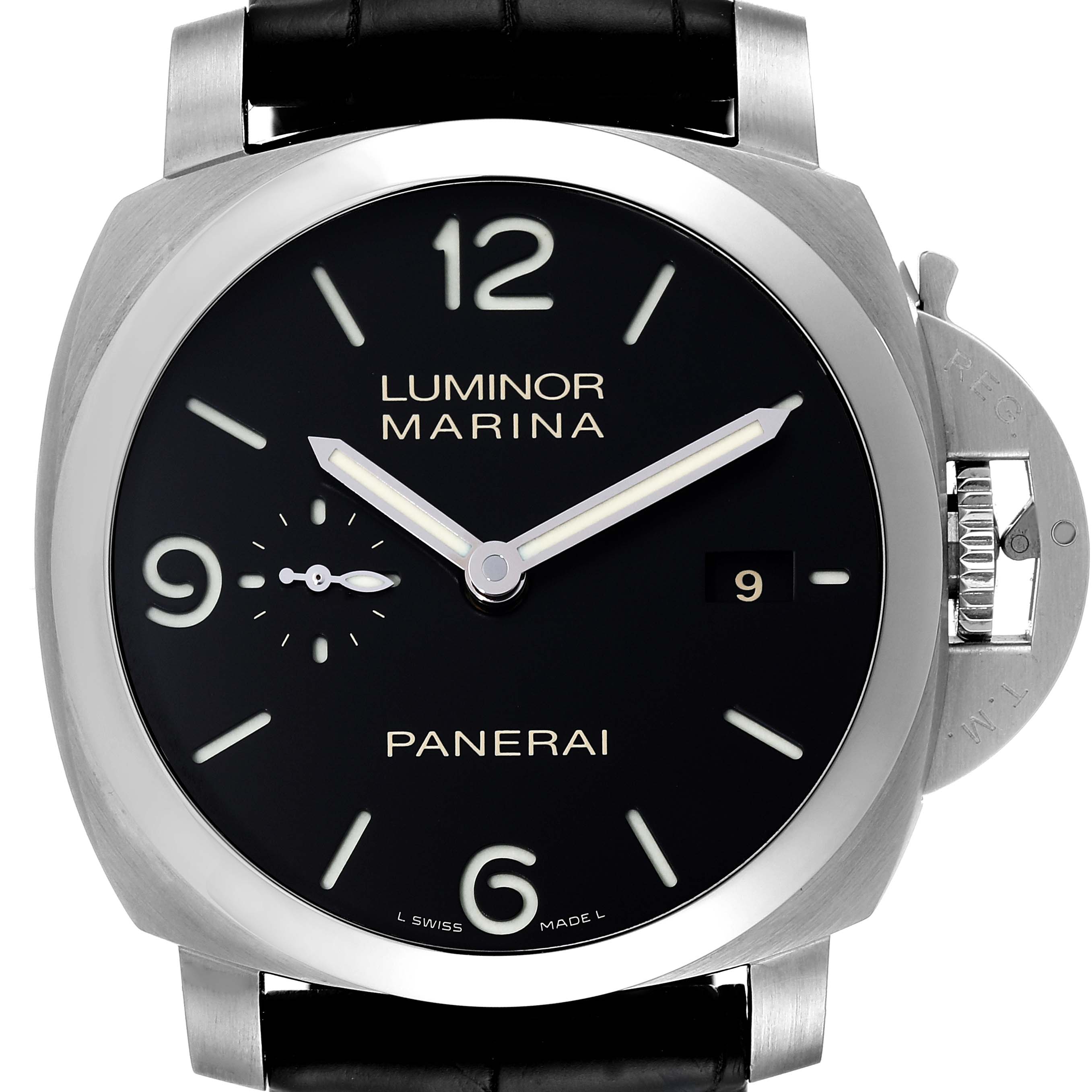 The image shows a front view of the Panerai Luminor PAM00312 Men
s Stainless Steel Black Dial PAM00312 Men
s Stainless Steel Black Dial Marina watch, displaying its dial, case, crown guard, and part of the strap.