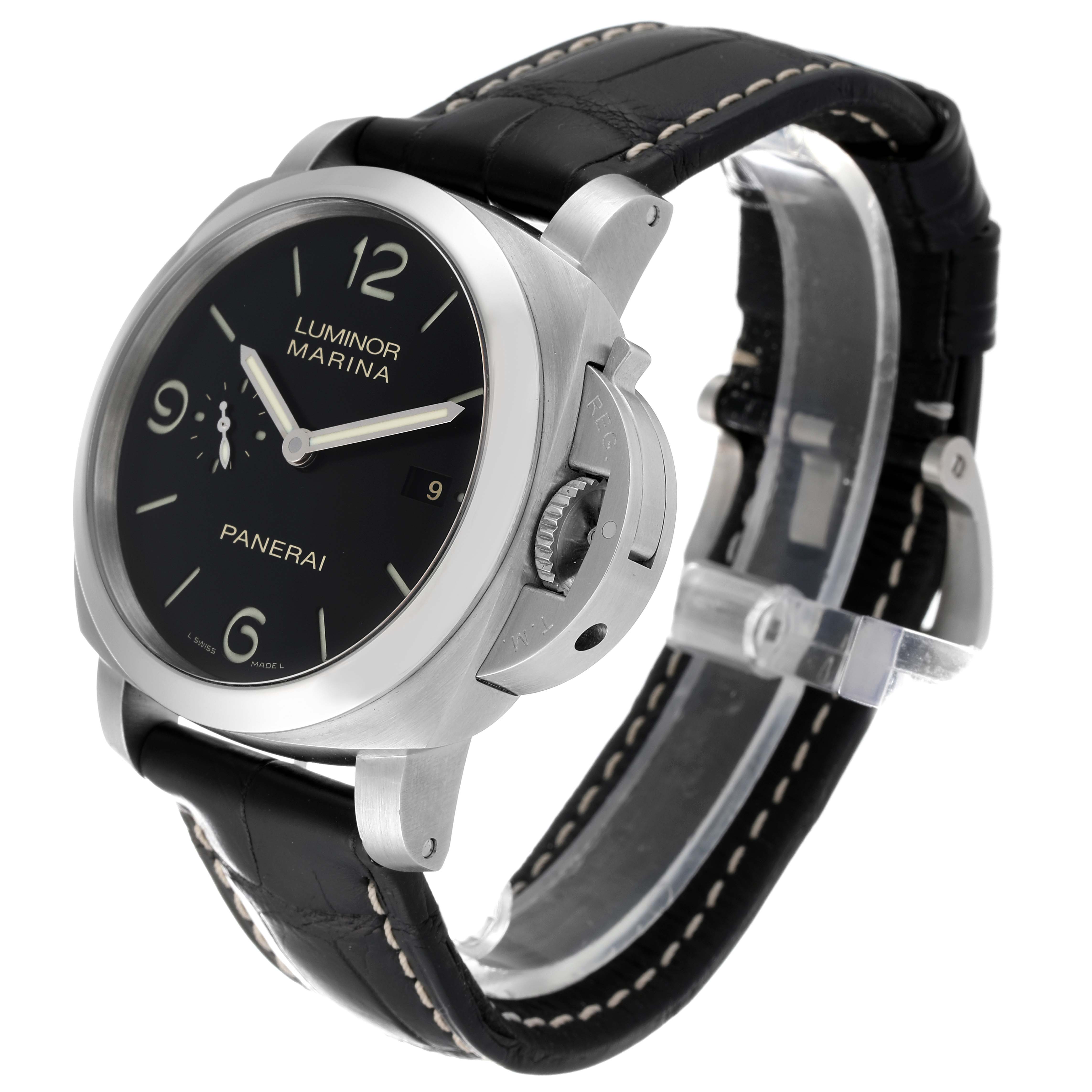 The image shows a Panerai Luminor PAM00312 Men
s Stainless Steel Black Dial PAM00312 Men
s Stainless Steel Black Dial watch at a three-quarter angle, highlighting the dial, crown guard, and leather strap.