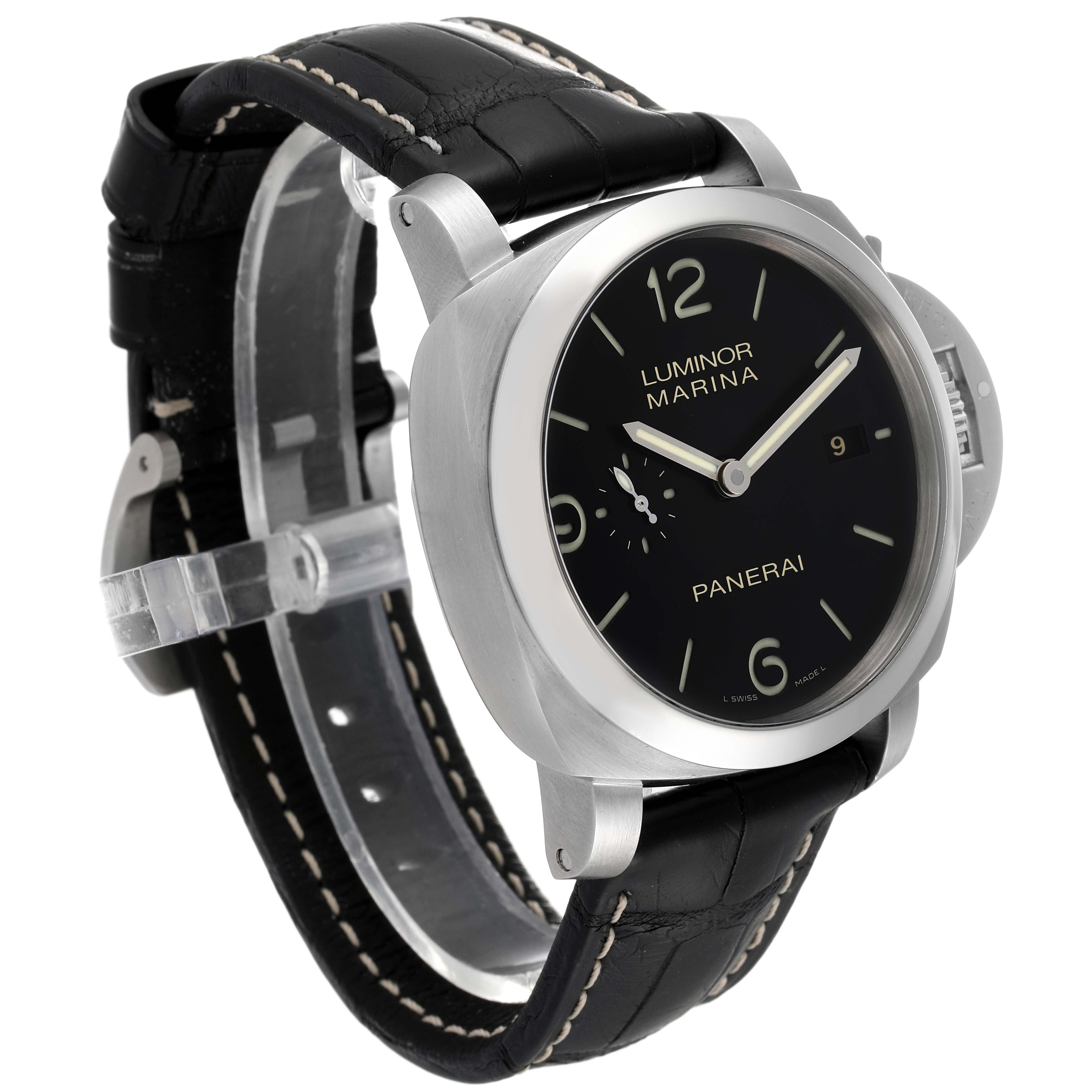 The Panerai Luminor PAM00312 Men
s Stainless Steel Black Dial PAM00312 Men
s Stainless Steel Black Dial watch is shown at a 3/4 angle, highlighting its black dial, silver case, and black leather strap.