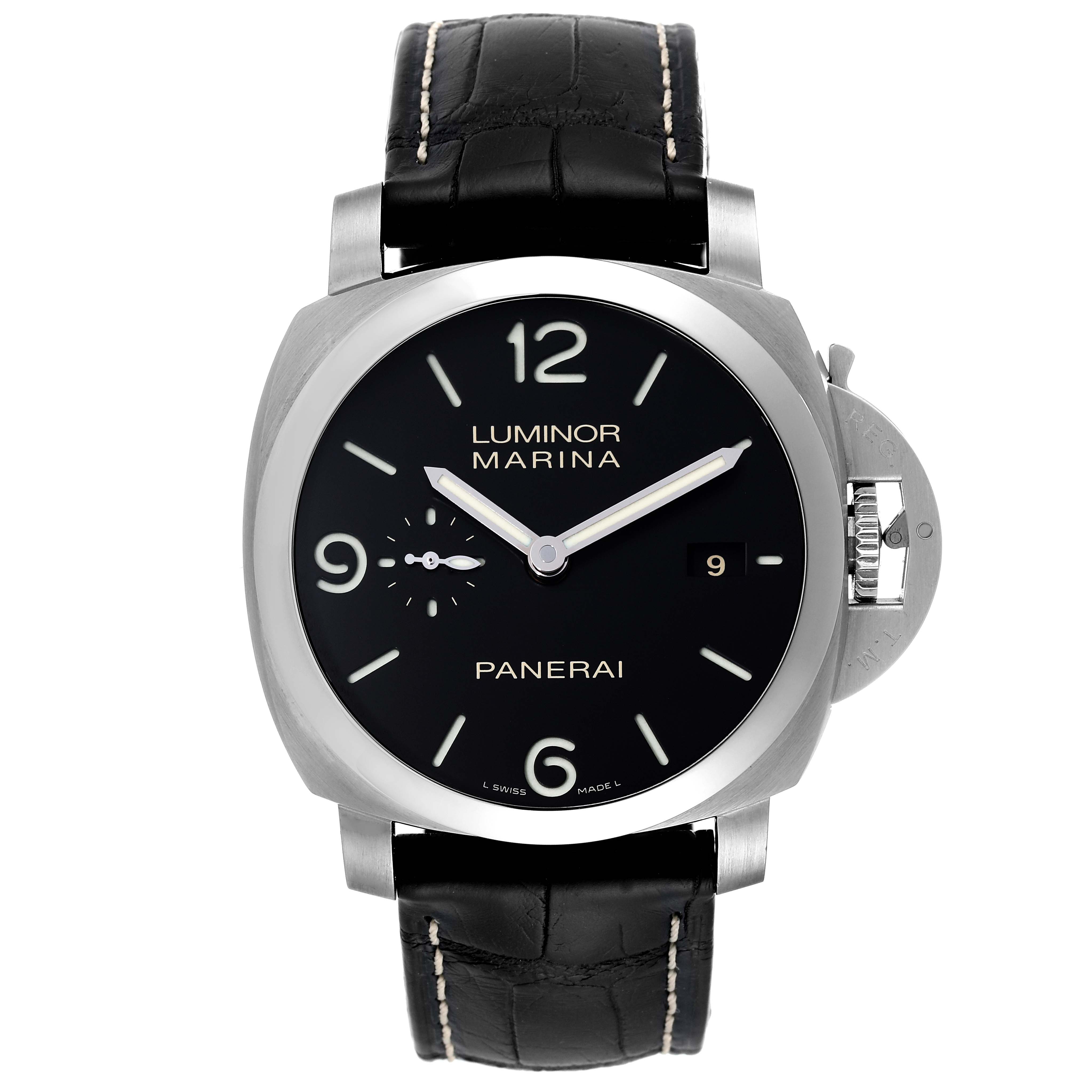The image displays a front view of a Panerai Luminor PAM00312 Men
s Stainless Steel Black Dial PAM00312 Men
s Stainless Steel Black Dial watch, showing the dial, crown guard, and black leather strap.