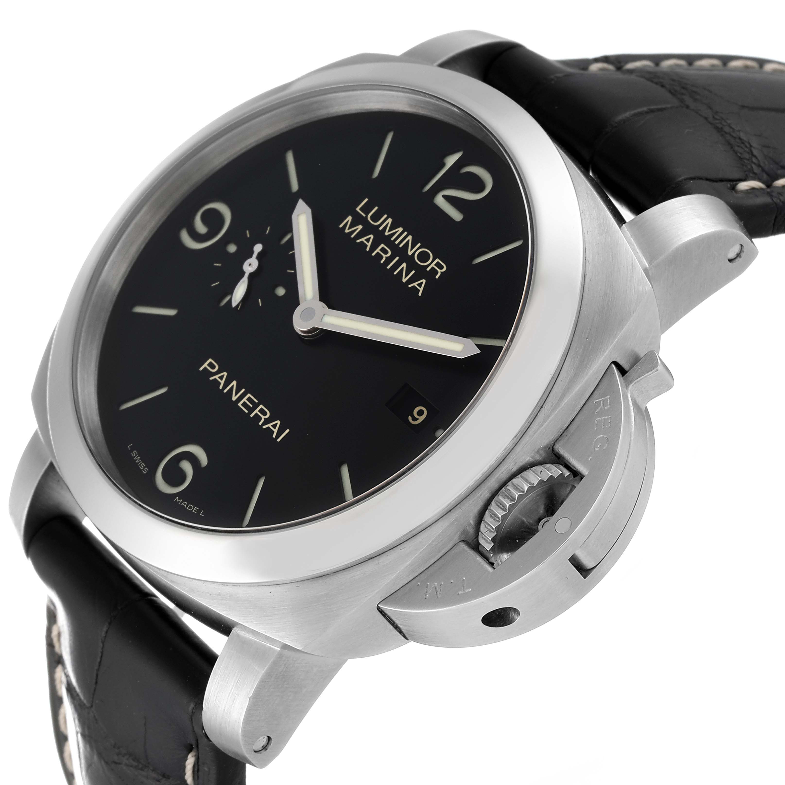 The image shows a side angle of the Panerai Luminor PAM00312 Men
s Stainless Steel Black Dial PAM00312 Men
s Stainless Steel Black Dial Marina watch, highlighting the dial, crown guard, and strap.