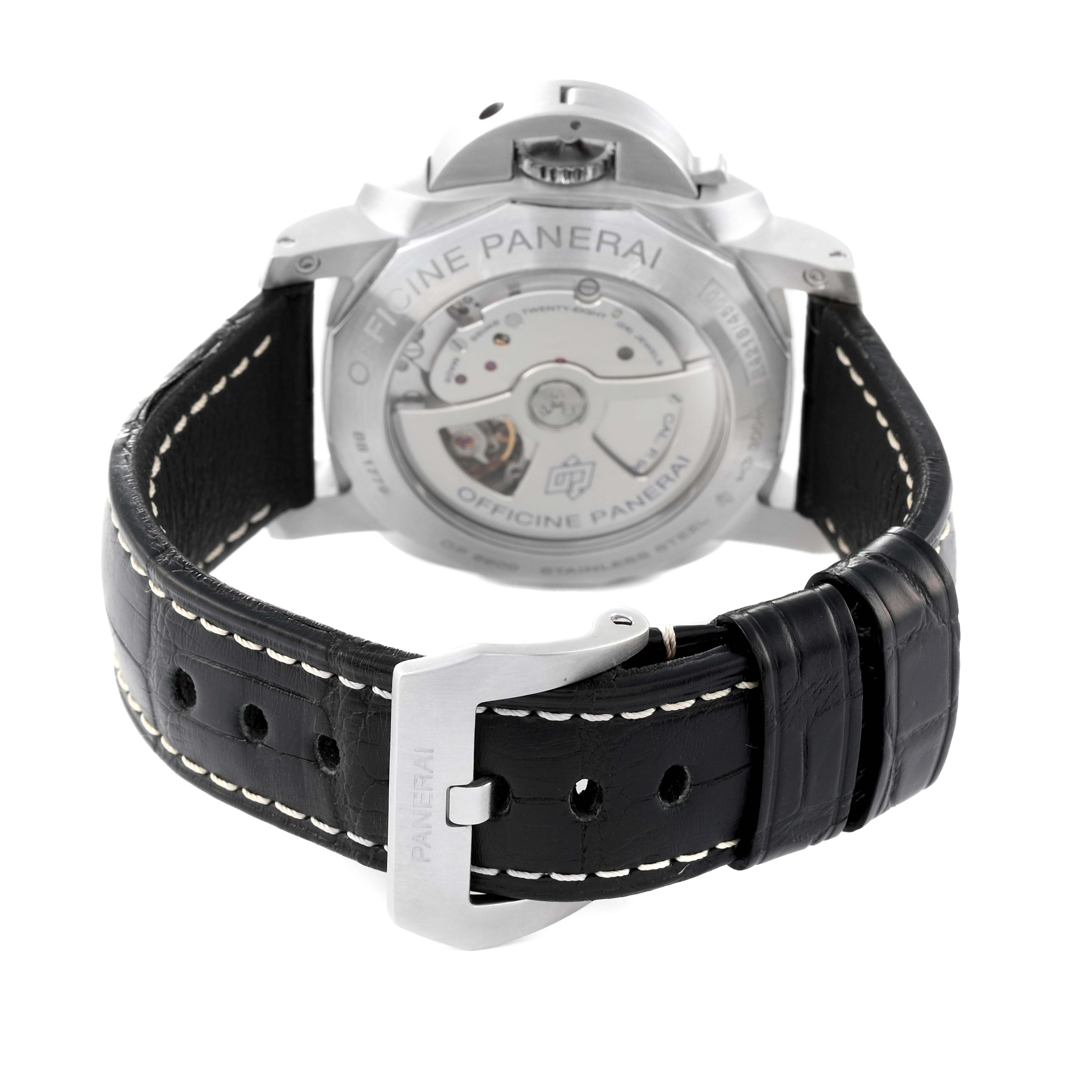 The image shows the back view of a Panerai Luminor PAM00312 Men
s Stainless Steel Black Dial PAM00312 Men
s Stainless Steel Black Dial watch, highlighting its leather strap, stitching, and exposed movement.