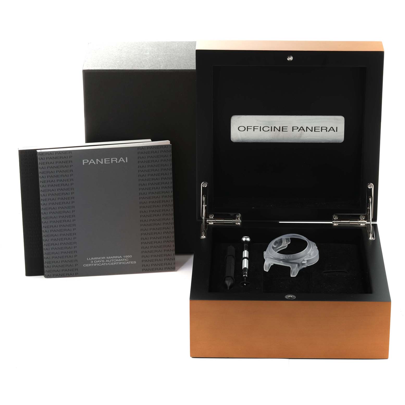 The image shows a Panerai Luminor PAM00312 Men
s Stainless Steel Black Dial PAM00312 Men
s Stainless Steel Black Dial watch box set including documentation and tools, viewed from the front.