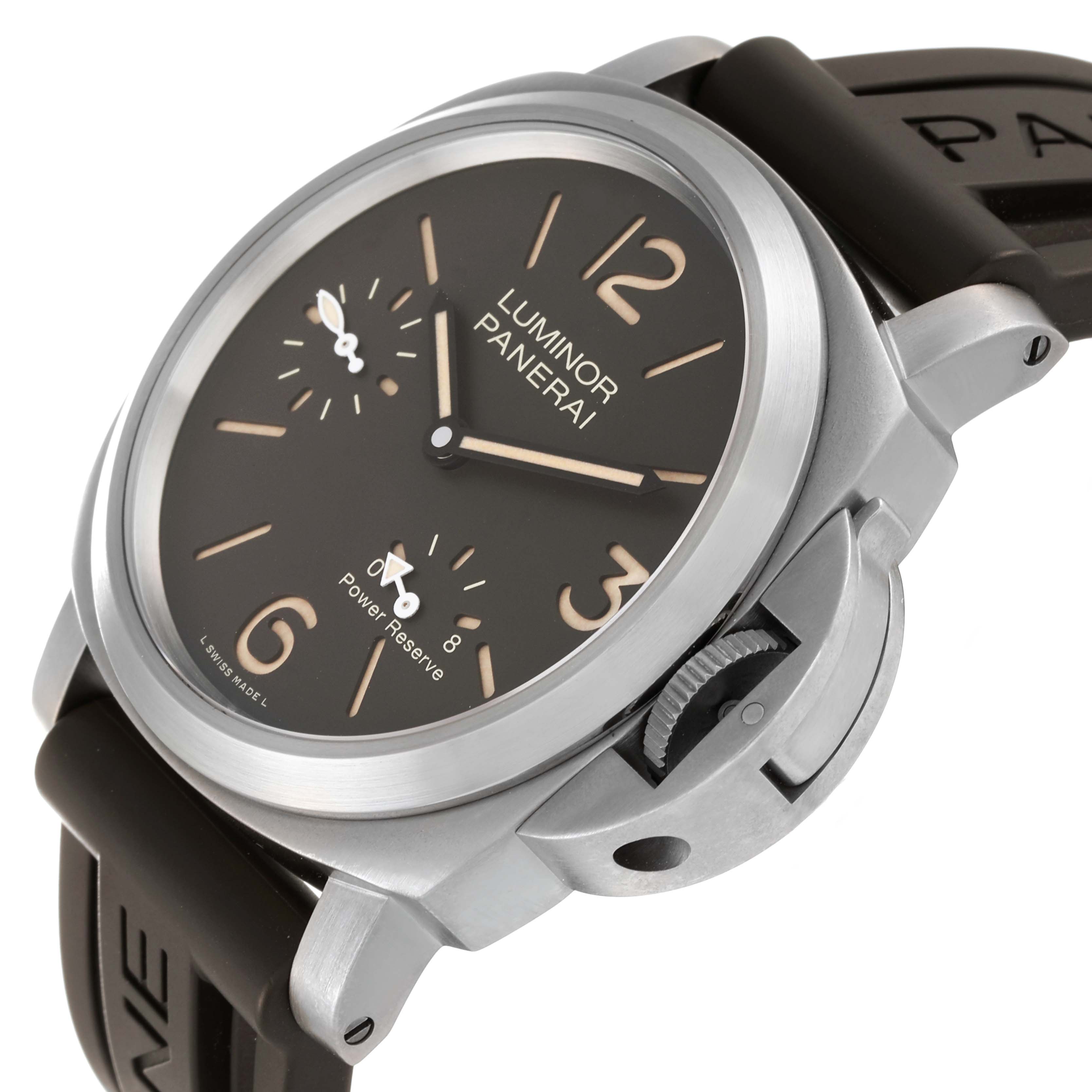 The image shows a close-up, angled view of a Panerai Luminor PAM00797 Men
s Titanium Brown Dial PAM00797 Men
s Titanium Brown Dial watch, highlighting the face, crown, and strap.