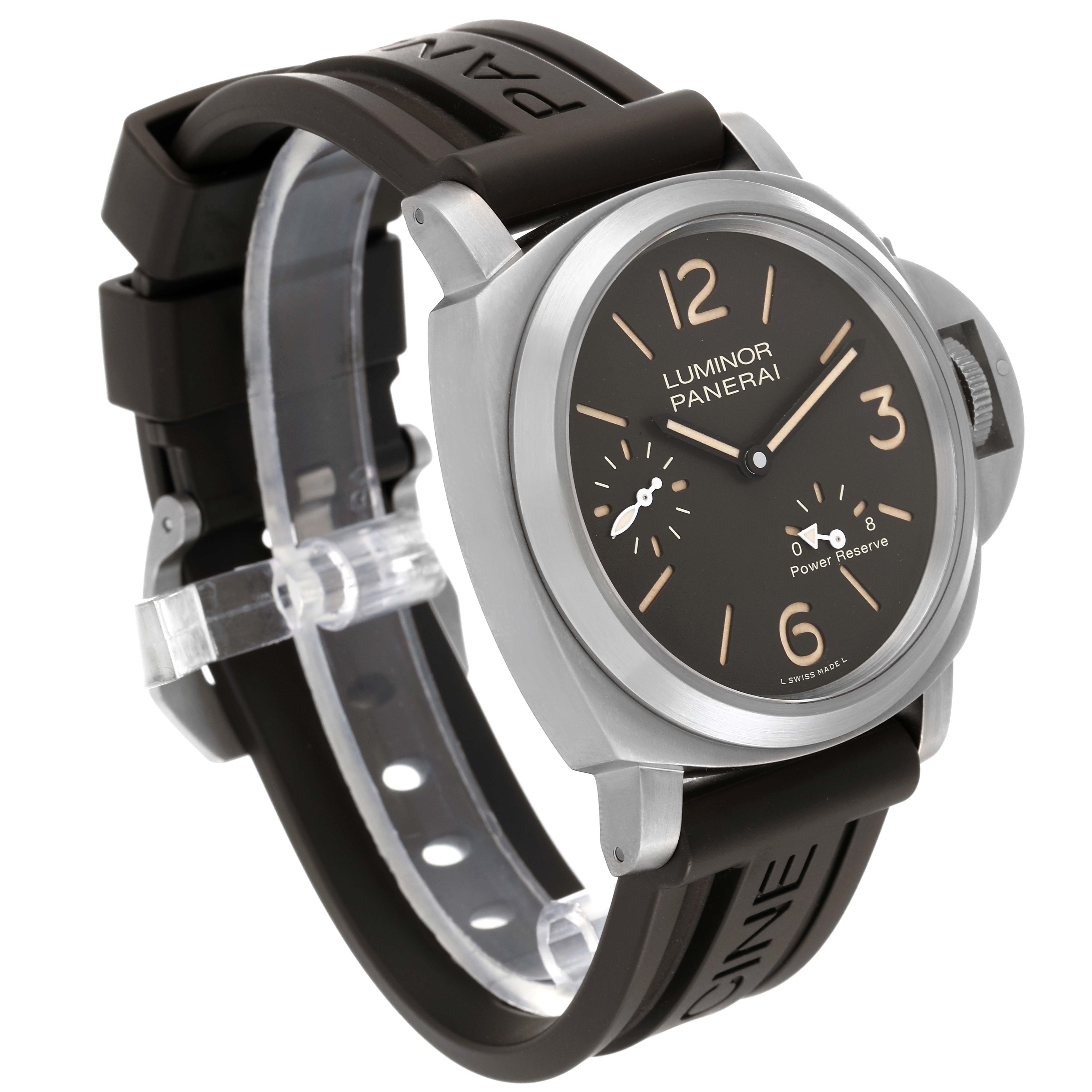 The Panerai Luminor PAM00797 Men
s Titanium Brown Dial PAM00797 Men
s Titanium Brown Dial model watch is shown at an angle highlighting the face, strap, crown guard, and casing.