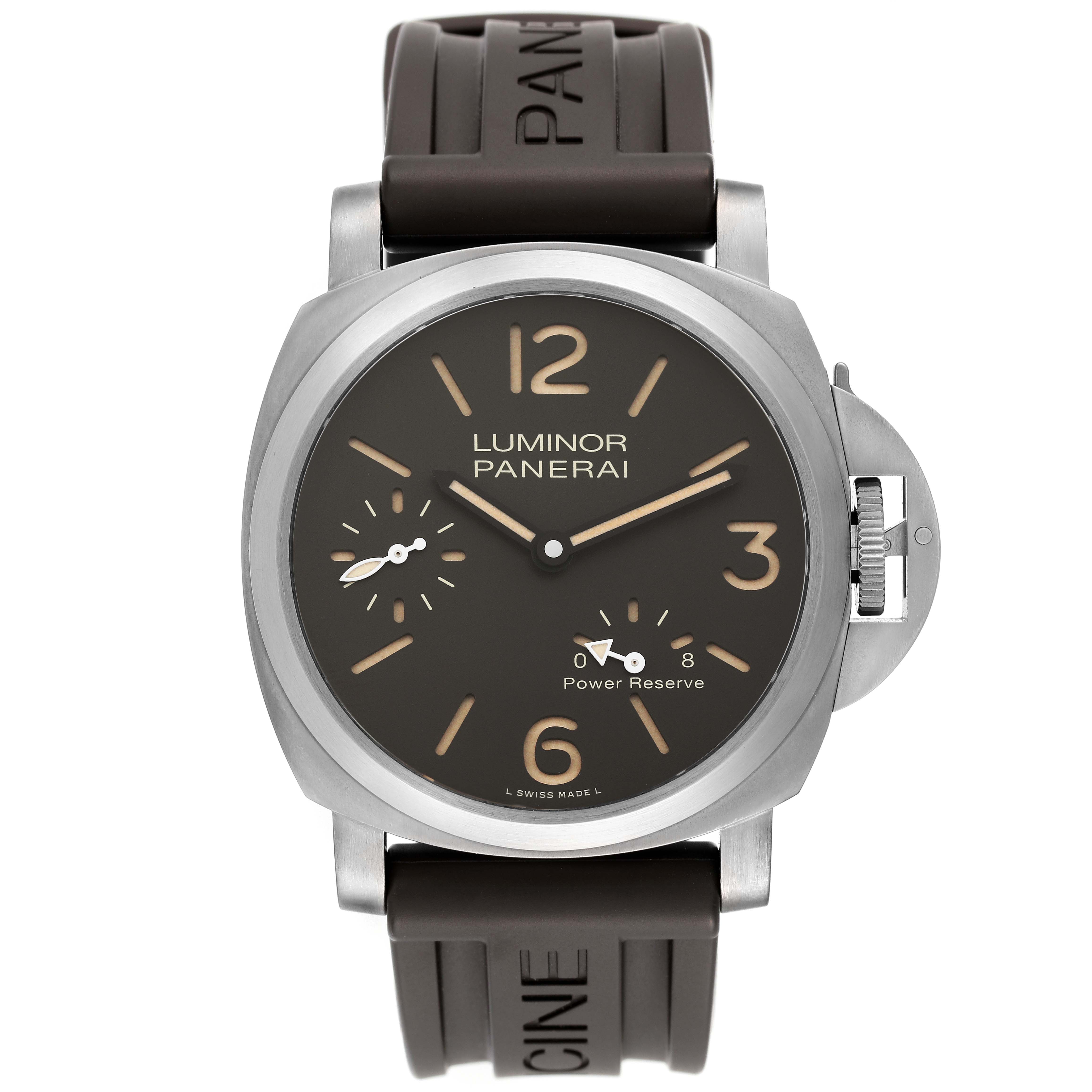 The image shows a front view of a Panerai Luminor PAM00797 Men
s Titanium Brown Dial PAM00797 Men
s Titanium Brown Dial watch, including the dial, crown guard, and rubber strap.