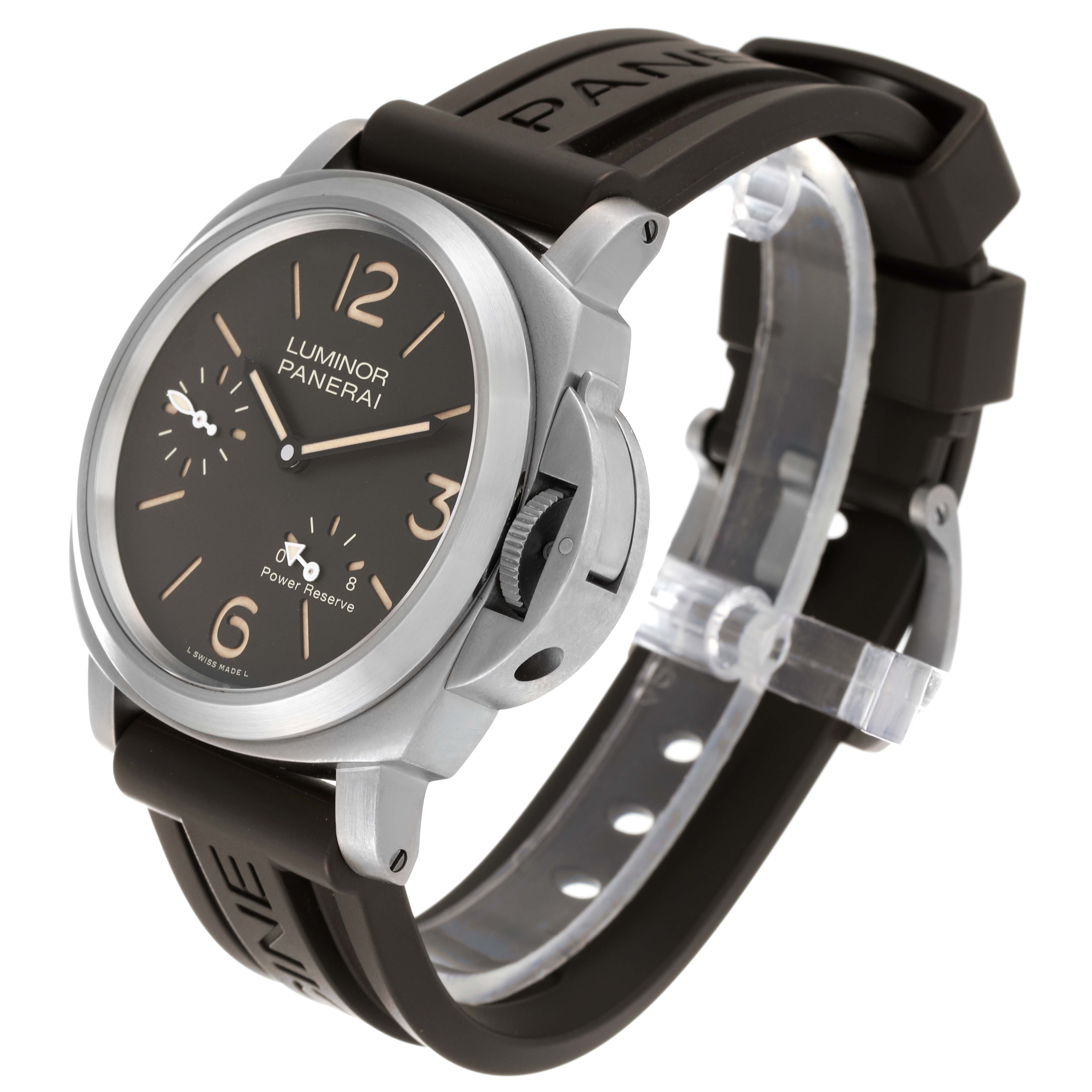 The image shows a Panerai Luminor PAM00797 Men
s Titanium Brown Dial PAM00797 Men
s Titanium Brown Dial watch at a three-quarter angle, displaying the face, crown, and strap.