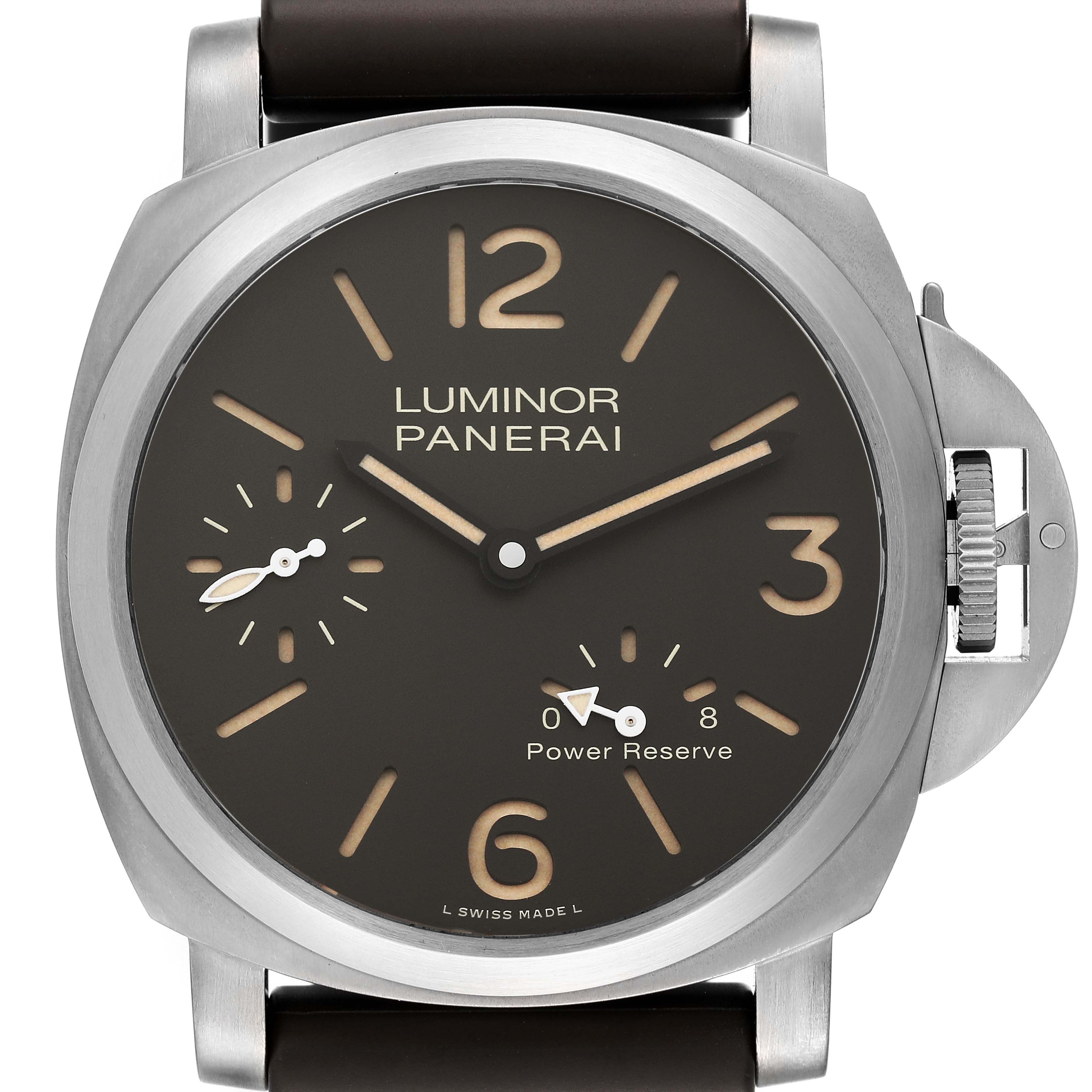 The image shows a front view of a Panerai Luminor PAM00797 Men
s Titanium Brown Dial PAM00797 Men
s Titanium Brown Dial watch, displaying the dial, hands, and crown guard.