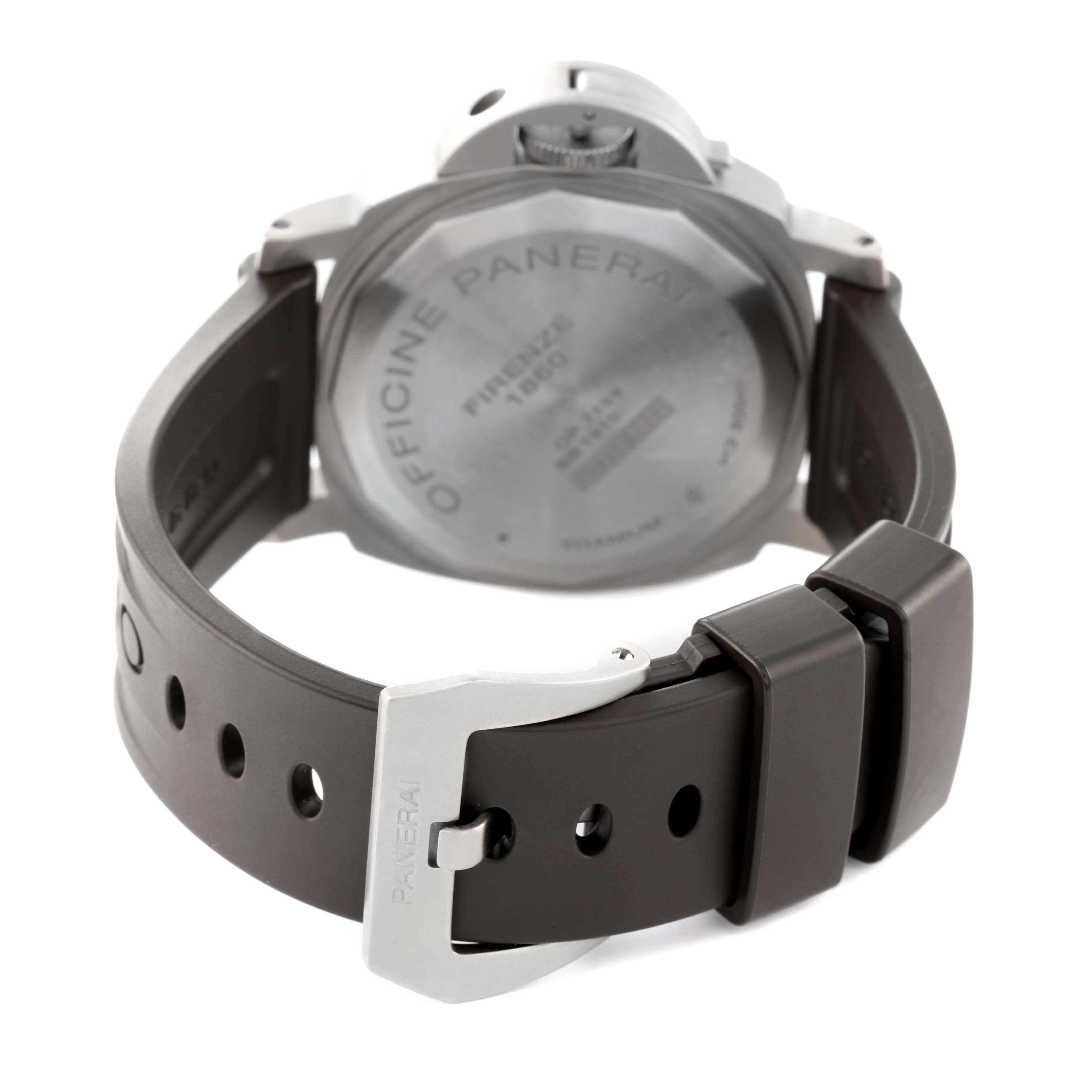 A Panerai Luminor PAM00797 Men
s Titanium Brown Dial PAM00797 Men
s Titanium Brown Dial watch is shown from the back, showcasing its case back and strap with buckle.