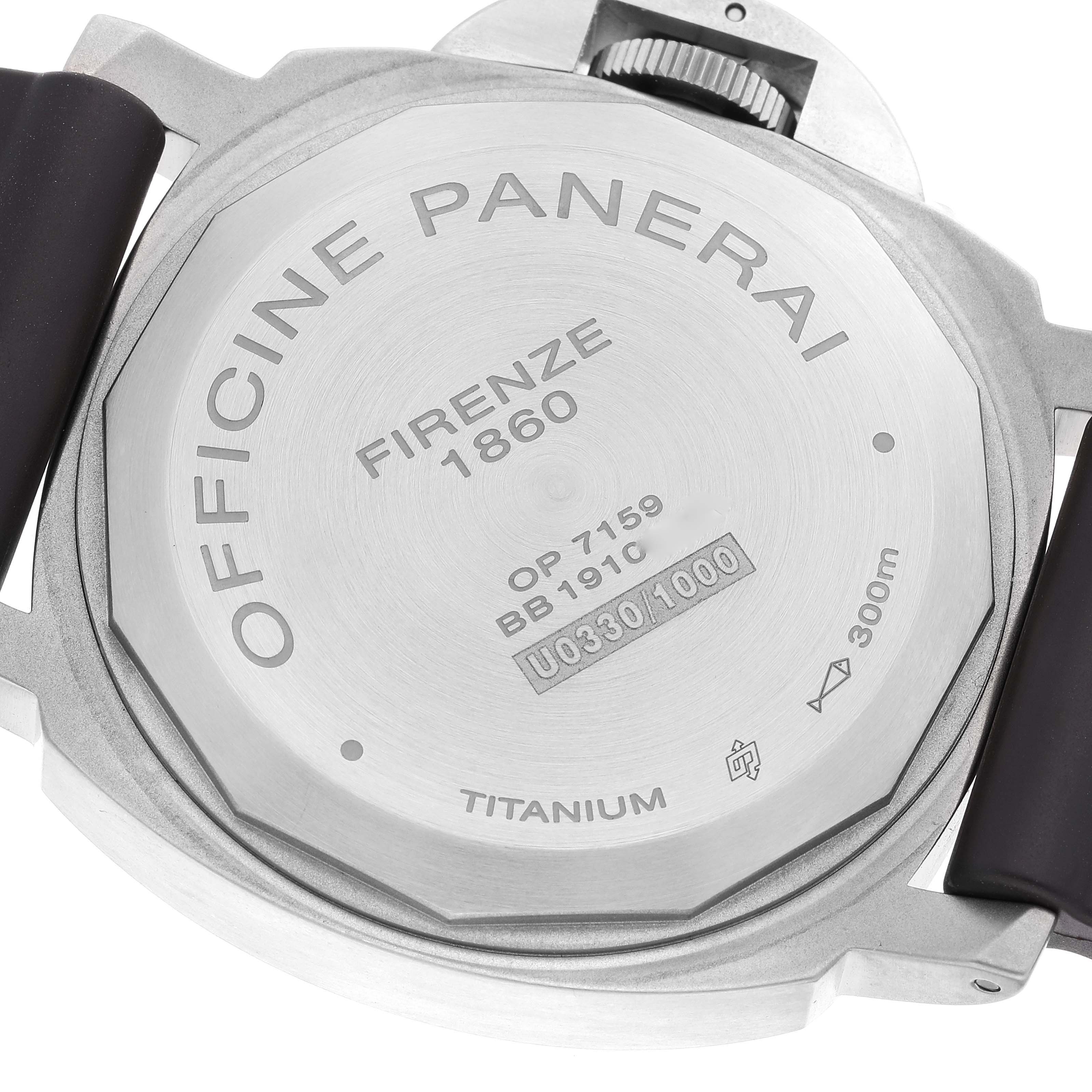 The image shows the back case of a Panerai Luminor PAM00797 Men
s Titanium Brown Dial PAM00797 Men
s Titanium Brown Dial watch, displaying its model inscriptions and specifications.