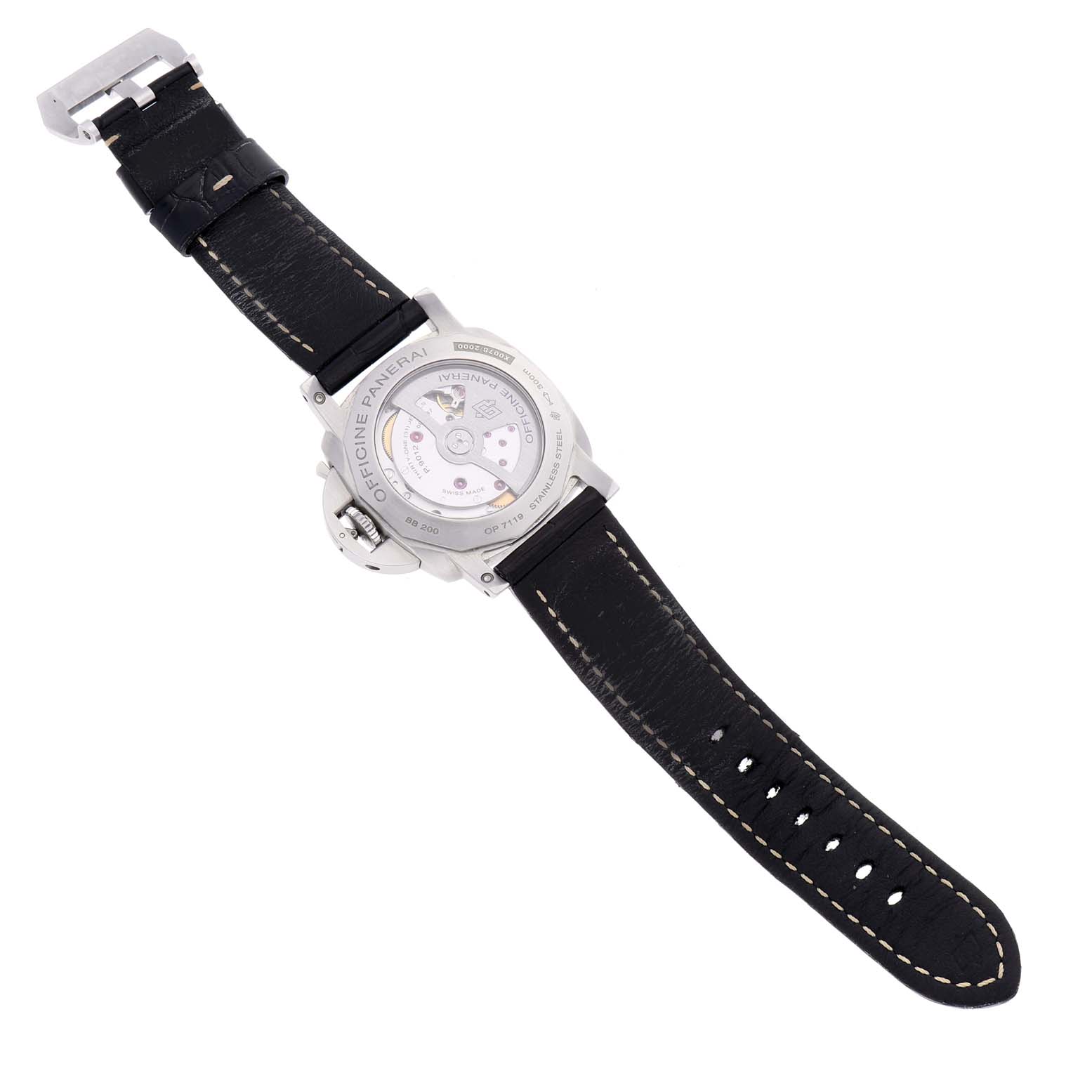 The image shows the back view of a Panerai Luminor PAM01321 Men's Stainless Steel Black Dial PAM01321 Men's Stainless Steel Black Dial watch, highlighting the case back and black leather strap.