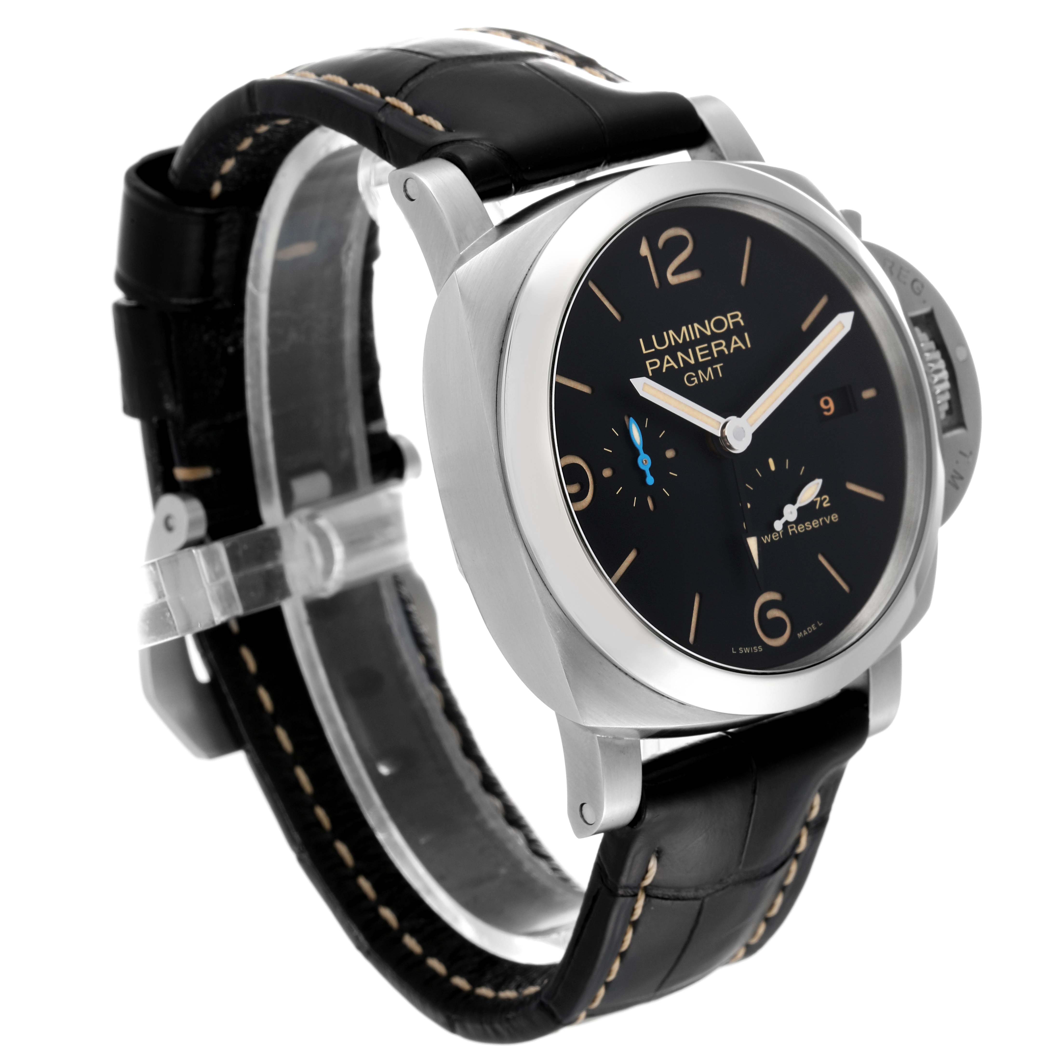 The image shows a side and front angle view of a Panerai Luminor PAM01321 Men's Stainless Steel Black Dial PAM01321 Men's Stainless Steel Black Dial watch, focusing on the face, case, crown guard, and leather strap.