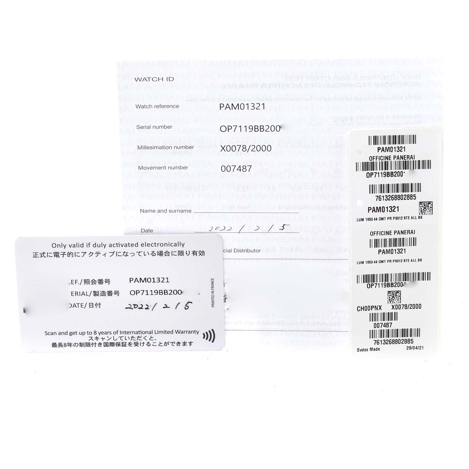 The image shows warranty cards and documentation for the Panerai Luminor PAM01321 Men's Stainless Steel Black Dial PAM01321 Men's Stainless Steel Black Dial model PAM01321.