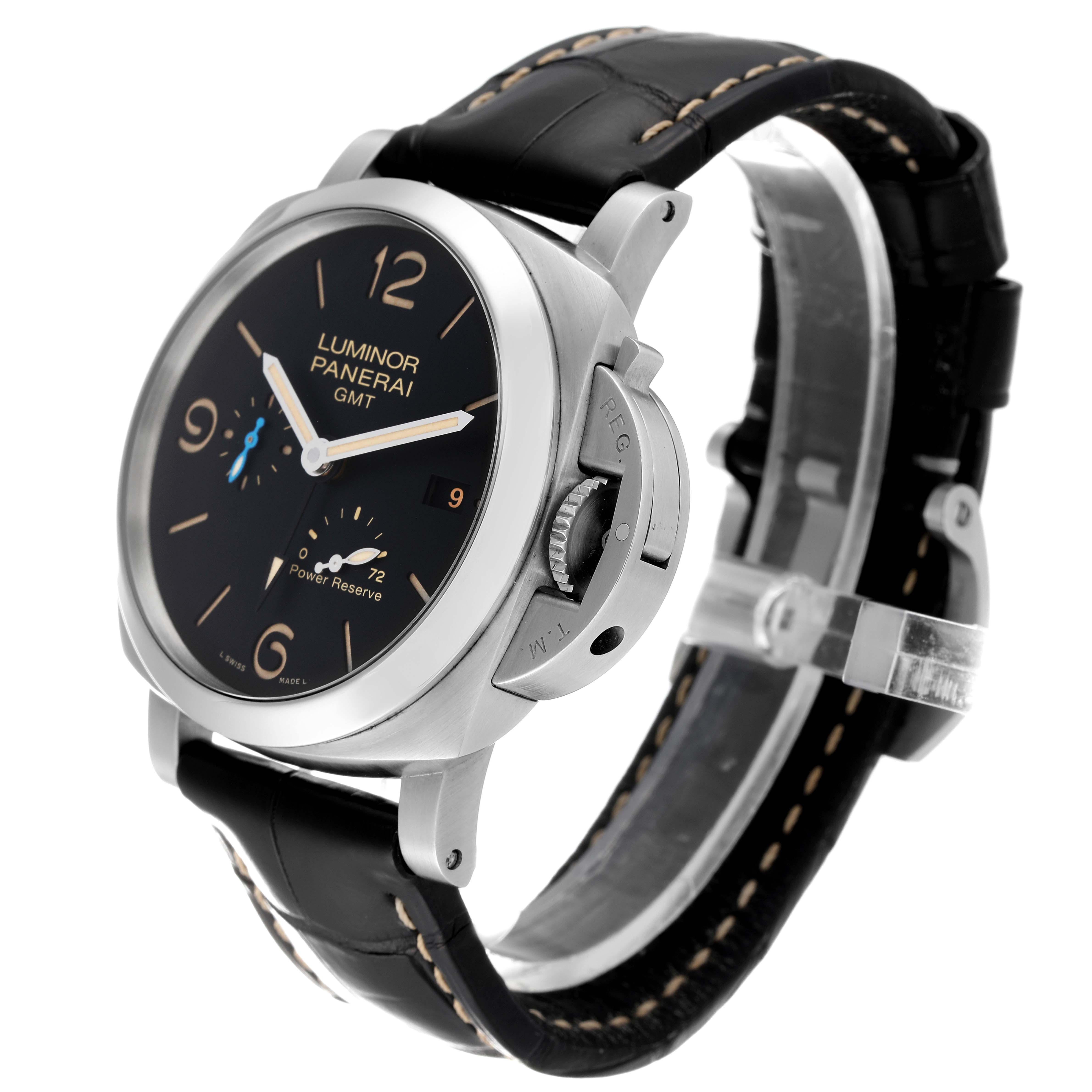 The image shows a Panerai Luminor PAM01321 Men's Stainless Steel Black Dial PAM01321 Men's Stainless Steel Black Dial GMT watch at a slightly tilted side angle, highlighting the face, crown, and leather strap.