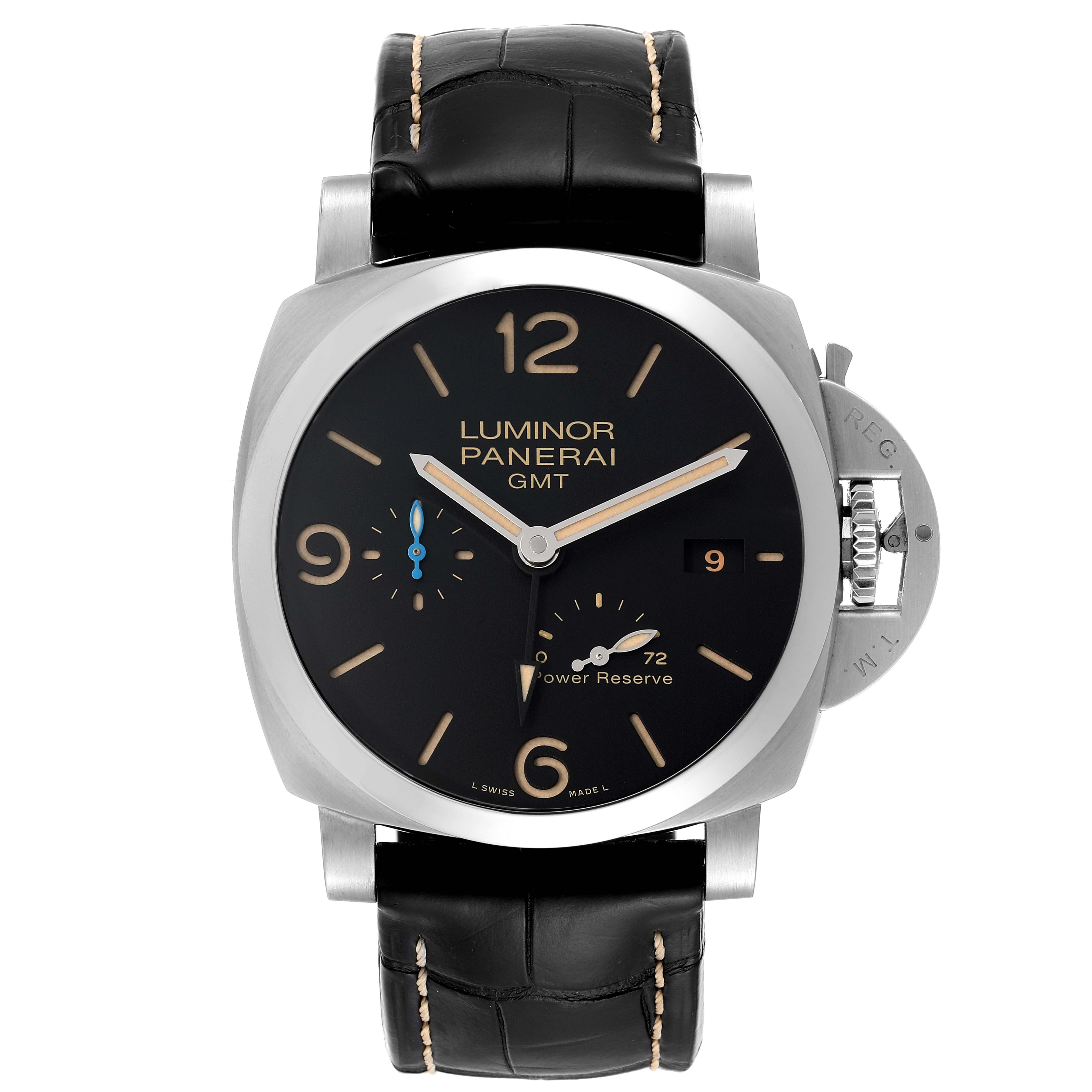 This image shows a front view of the Panerai Luminor PAM01321 Men's Stainless Steel Black Dial PAM01321 Men's Stainless Steel Black Dial GMT watch, featuring its black dial, leather strap, and distinctive crown guard.