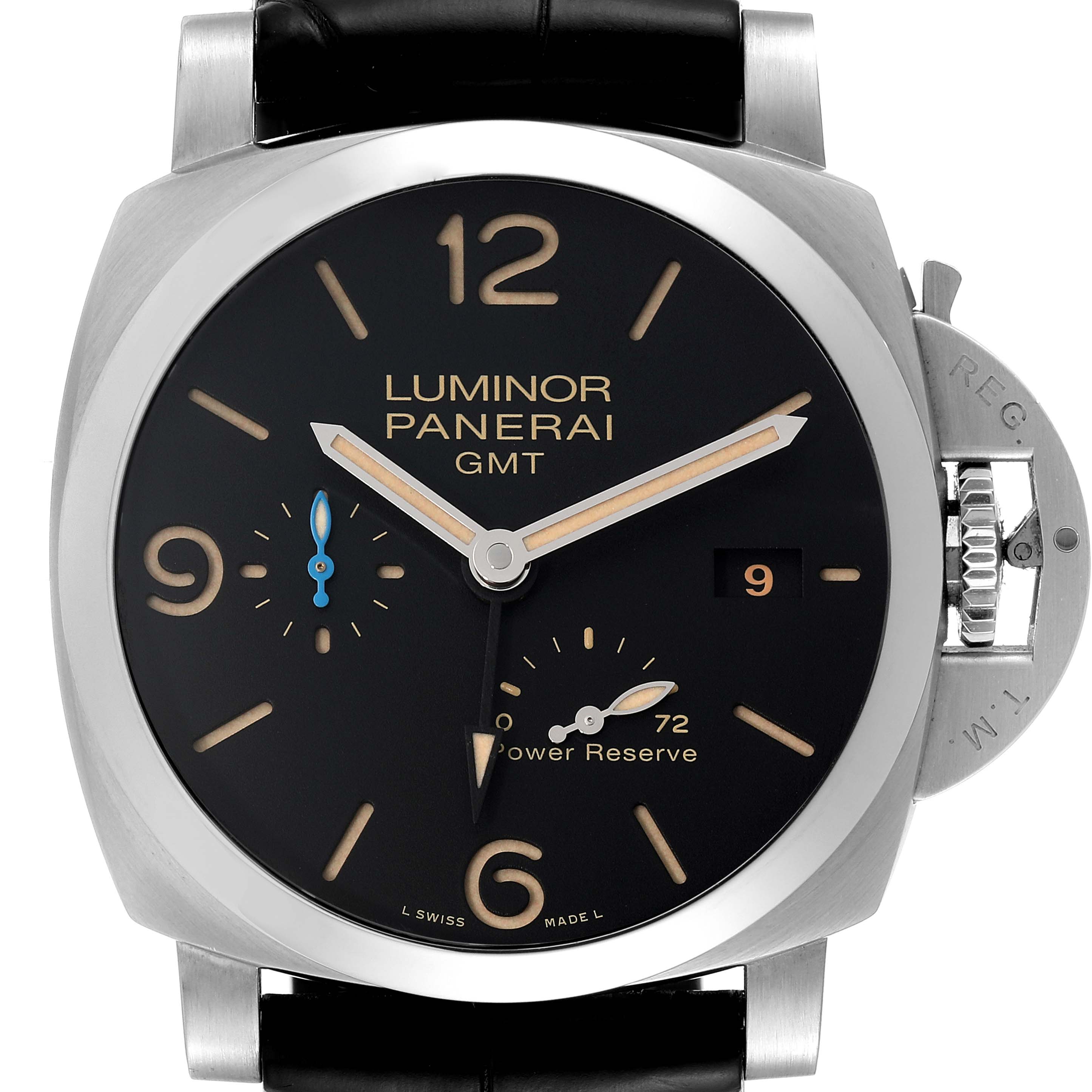 The image shows a front view of the Panerai Luminor PAM01321 Men's Stainless Steel Black Dial PAM01321 Men's Stainless Steel Black Dial GMT watch, displaying the dial, hands, crown, and power reserve indicator.