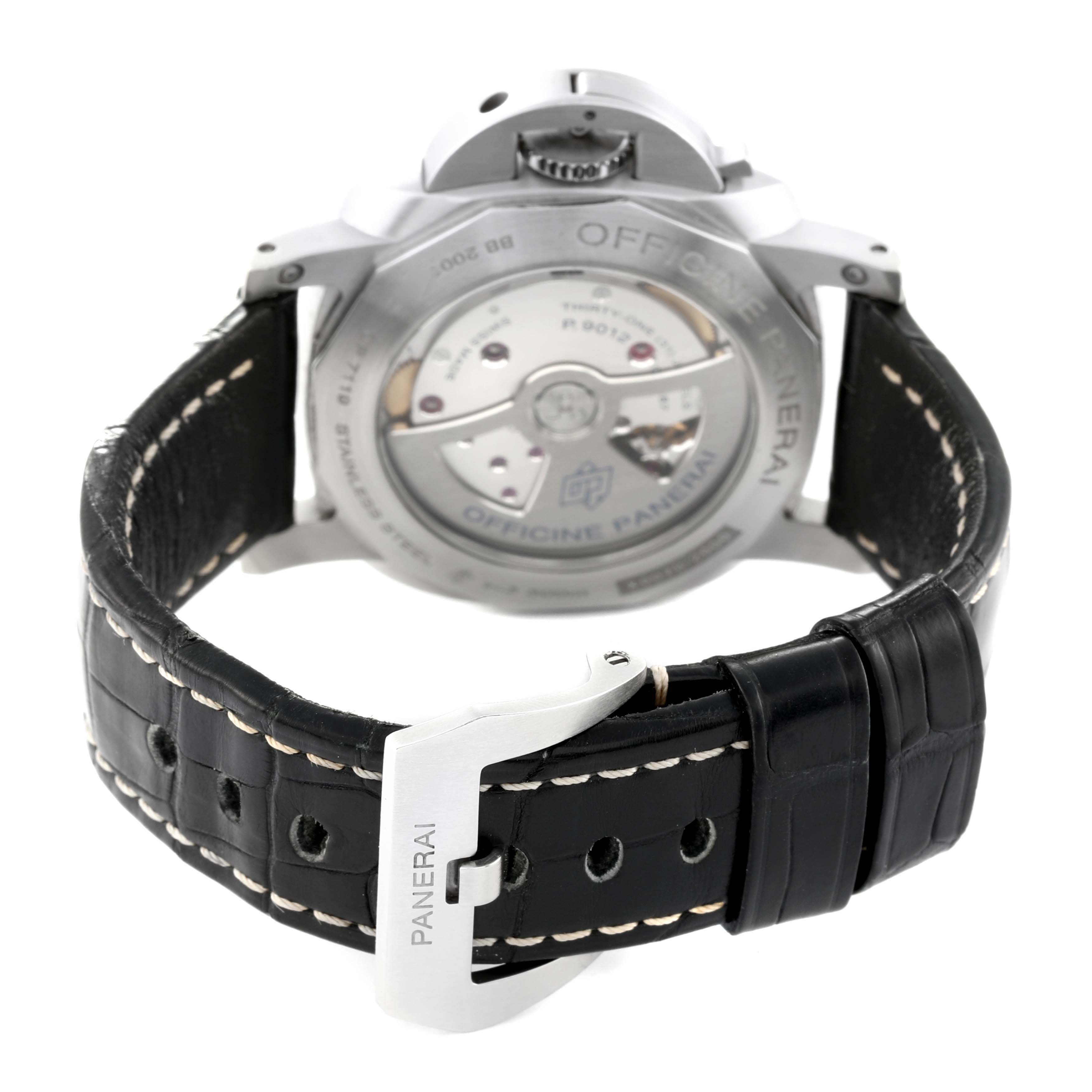 The image shows the back view of a Panerai Luminor PAM01321 Men's Stainless Steel Black Dial PAM01321 Men's Stainless Steel Black Dial watch, highlighting its buckle and automatic movement.