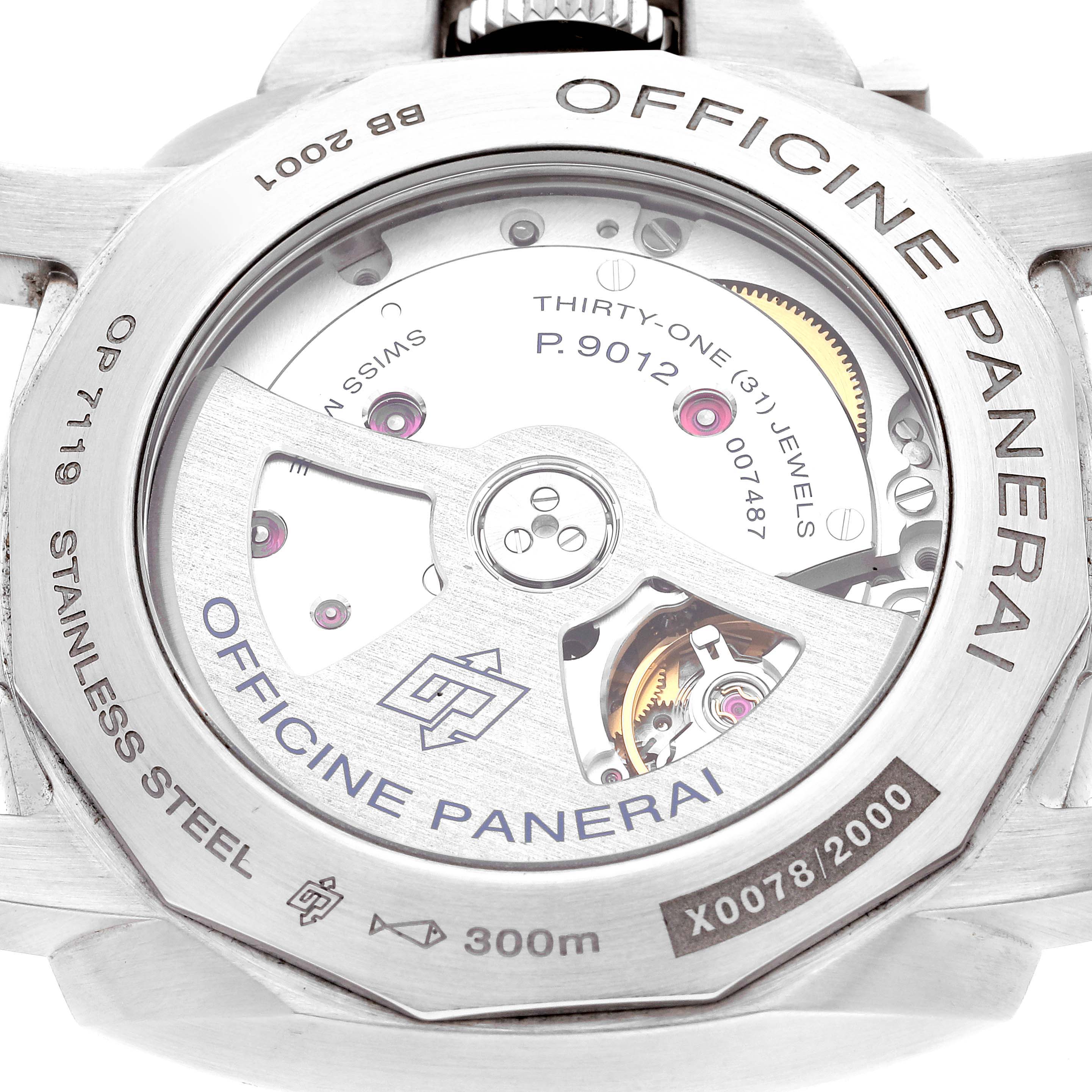 This image shows the back of a Panerai Luminor PAM01321 Men's Stainless Steel Black Dial PAM01321 Men's Stainless Steel Black Dial watch, highlighting its internal mechanism and stainless steel caseback.